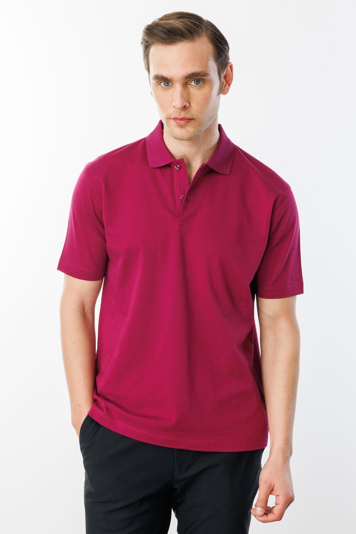 25748Erkek Polo Yaka Pike Merserize T-shirt Fuşya