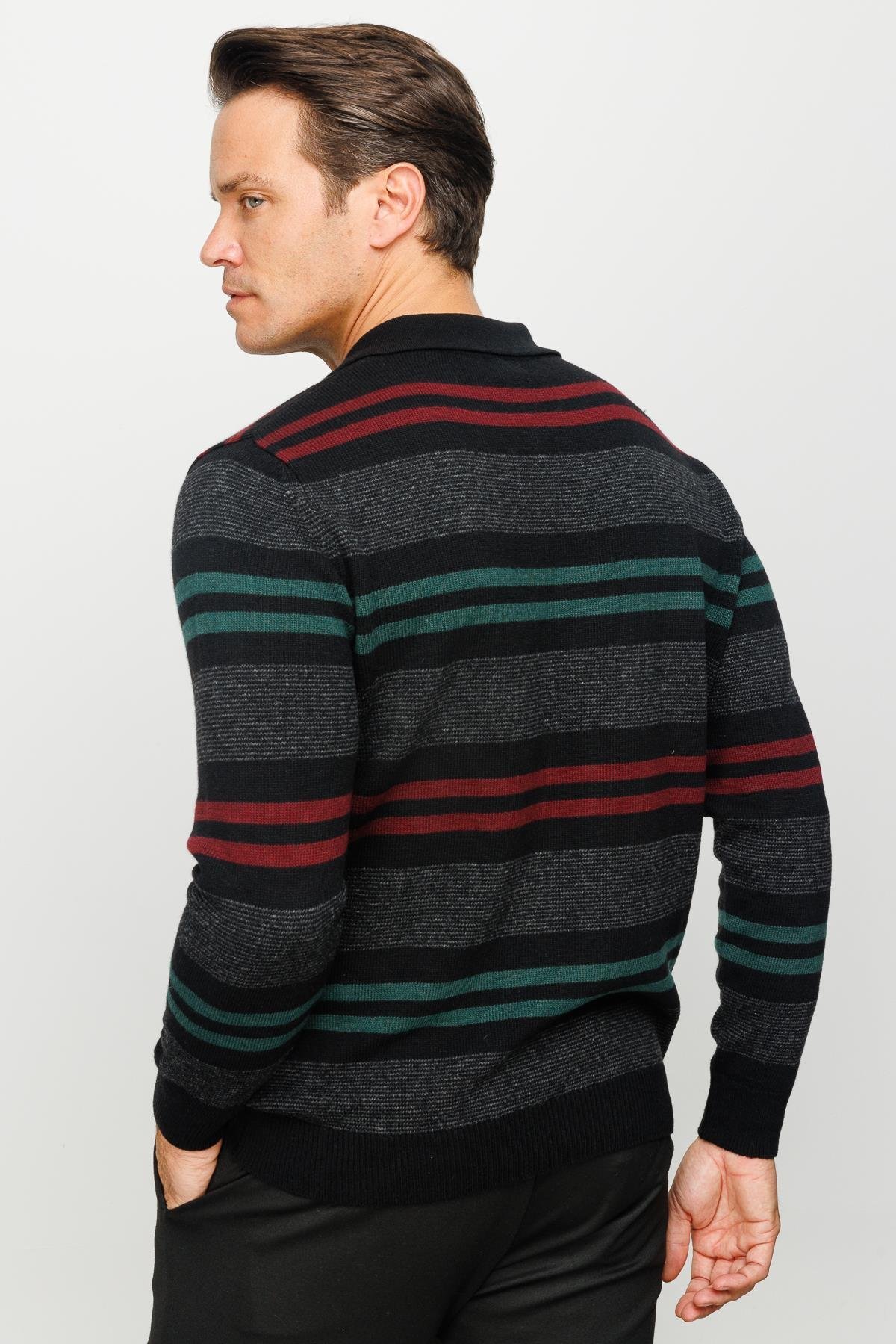 23502Erkek Polo Yaka Renkli Çizgili Kalın Yün Kazak Siyah