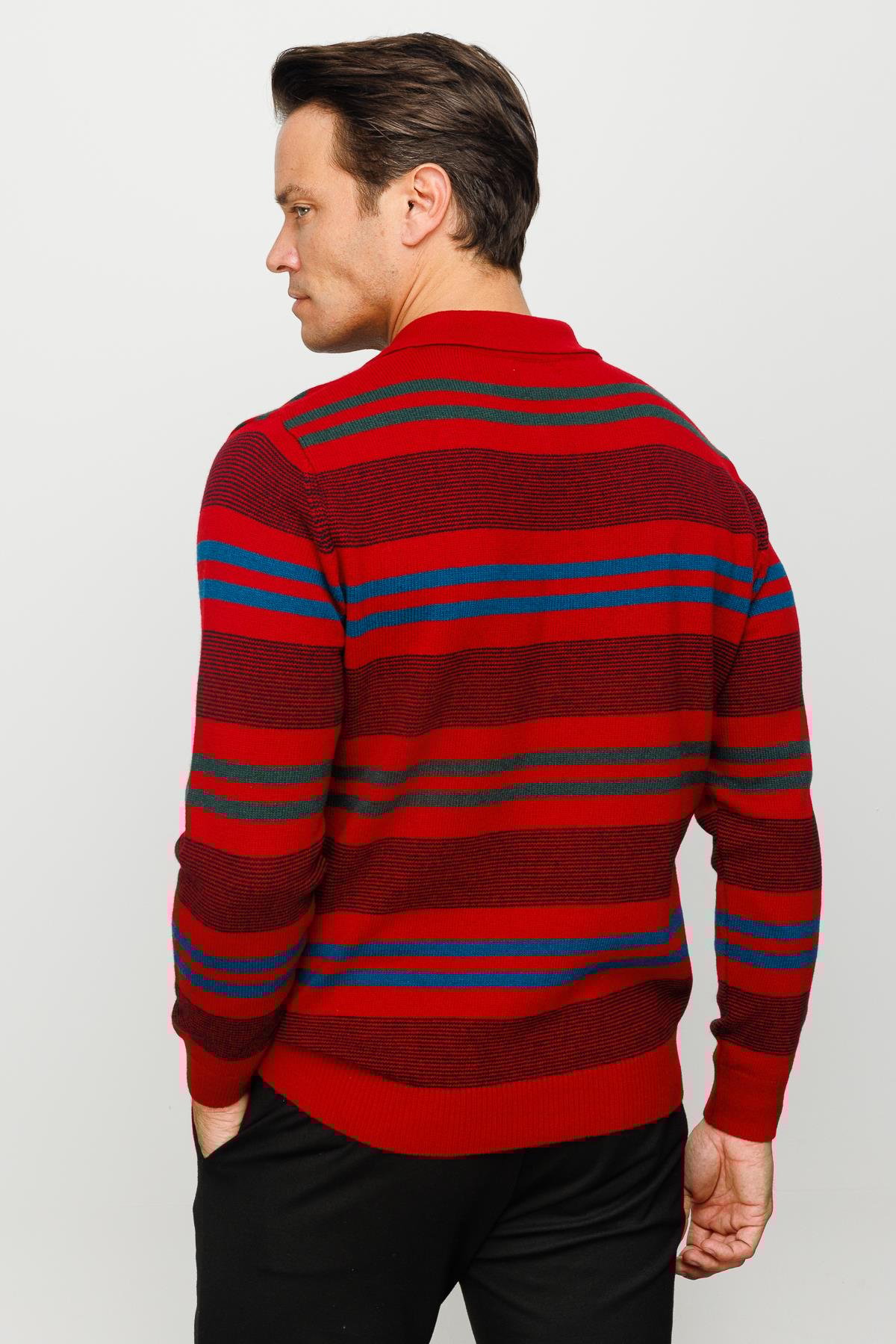 23502Erkek Polo Yaka Renkli Çizgili Kalın Yün Kazak K.Kırmızı