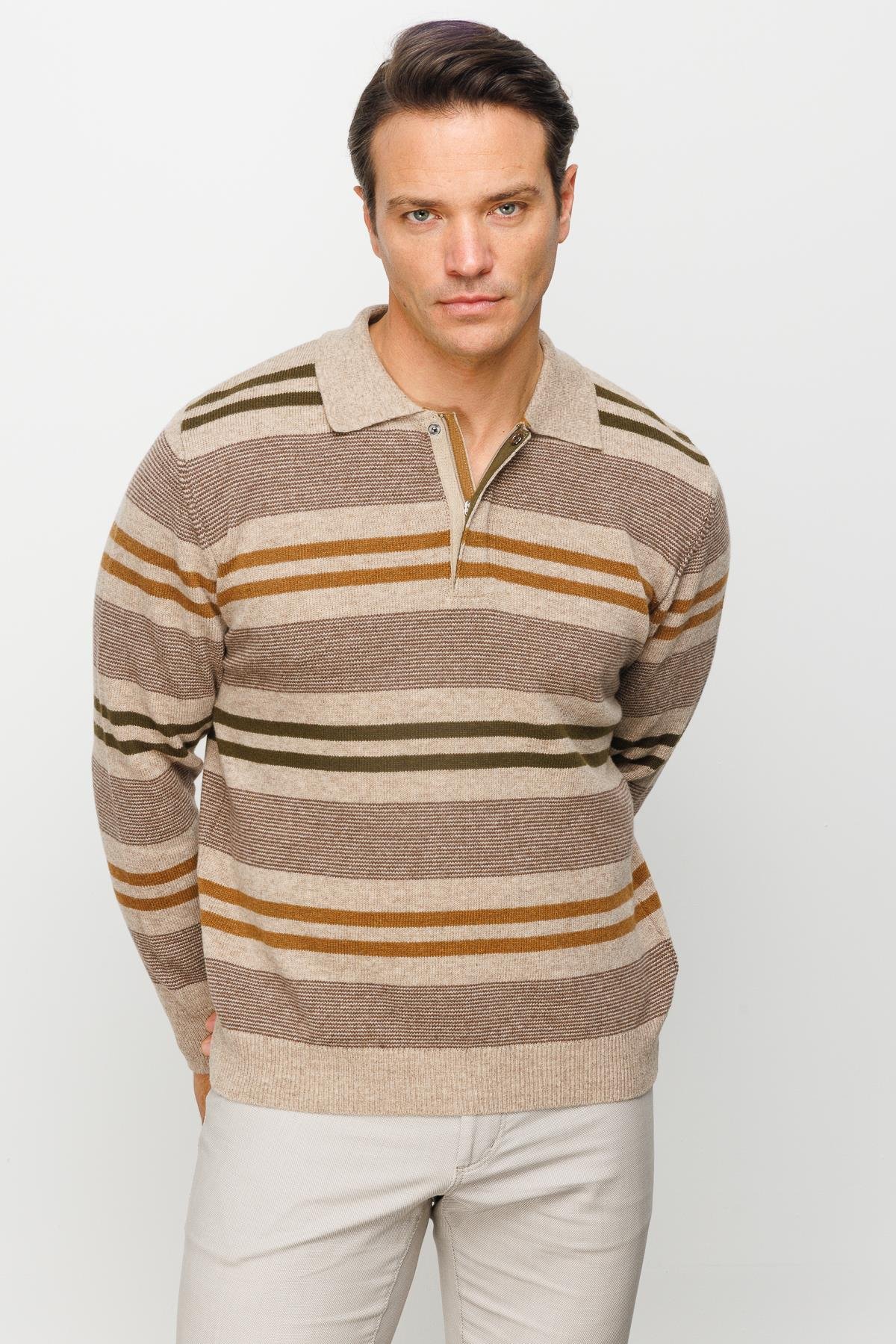 23502Erkek Polo Yaka Renkli Çizgili Kalın Yün Kazak K.Bej