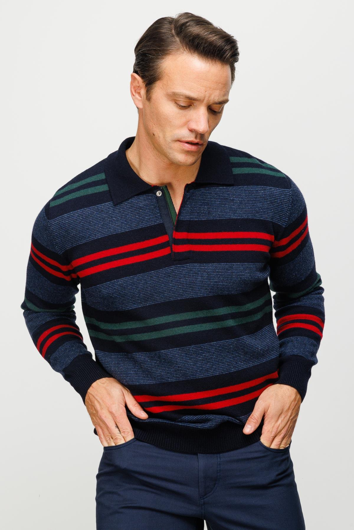 23502Erkek Polo Yaka Renkli Çizgili Kalın Yün Kazak K.Lacivert