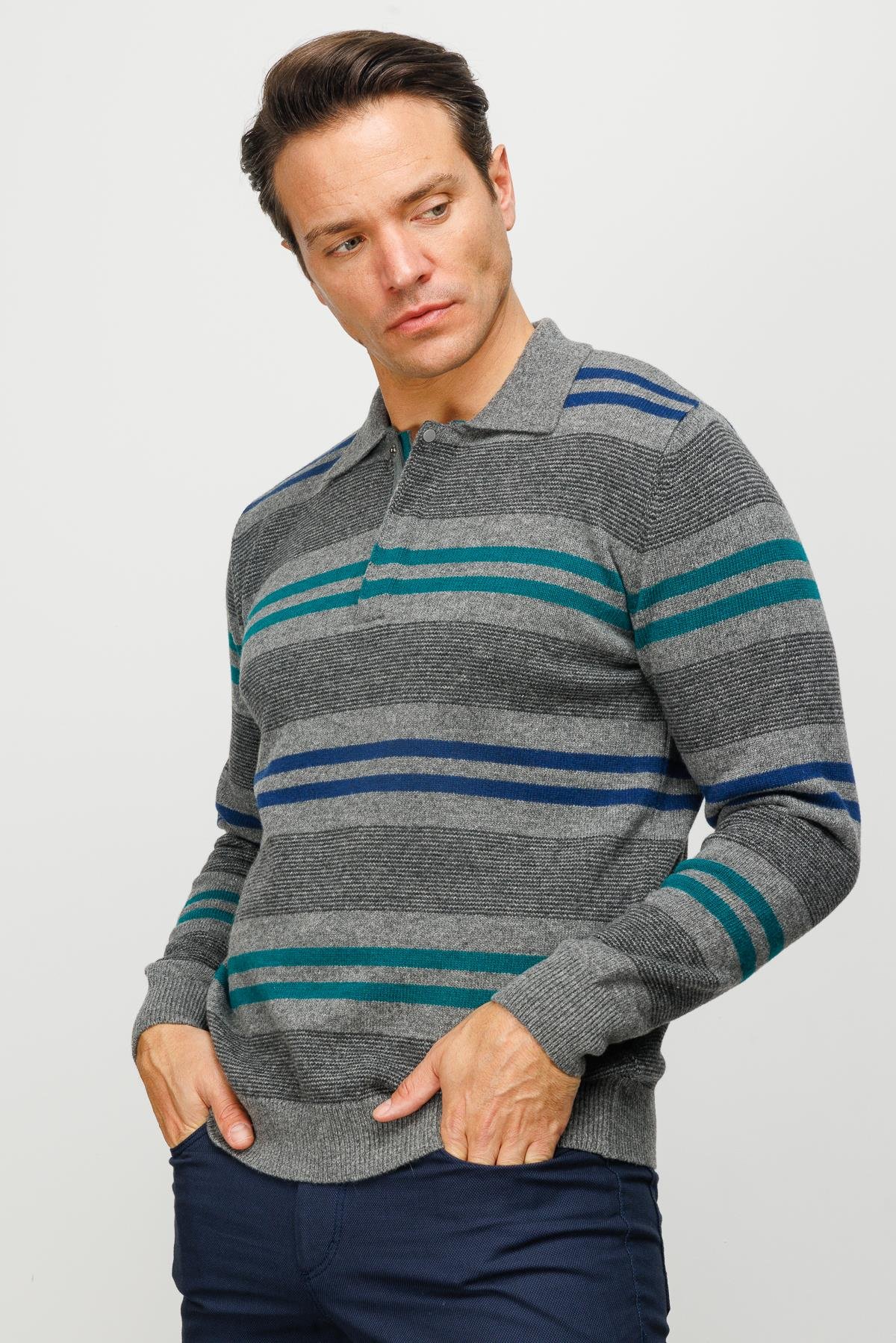 23502Erkek Polo Yaka Renkli Çizgili Kalın Yün Kazak Füme