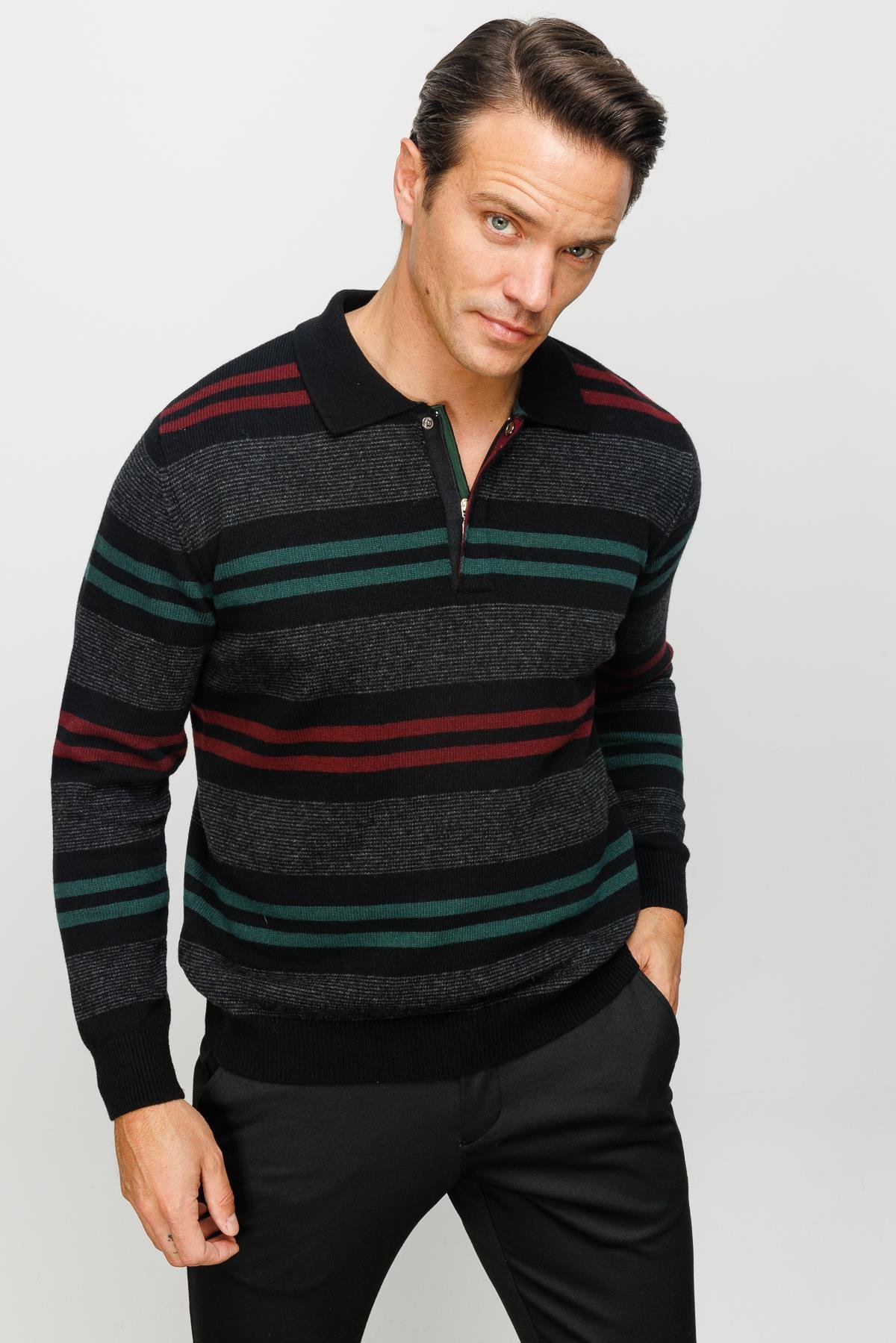 23502Erkek Polo Yaka Renkli Çizgili Kalın Yün Kazak Siyah