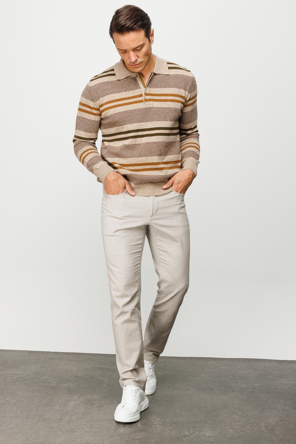 23502Erkek Polo Yaka Renkli Çizgili Kalın Yün Kazak K.Bej
