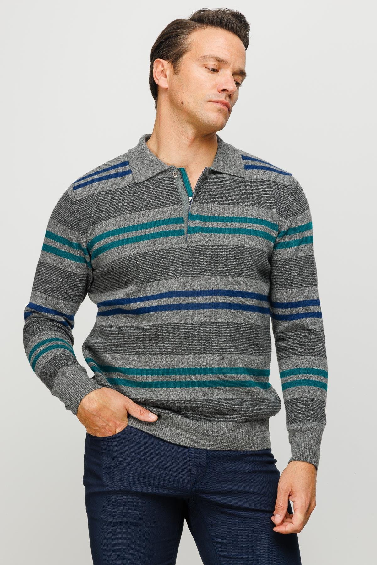 23502Erkek Polo Yaka Renkli Çizgili Kalın Yün Kazak Füme