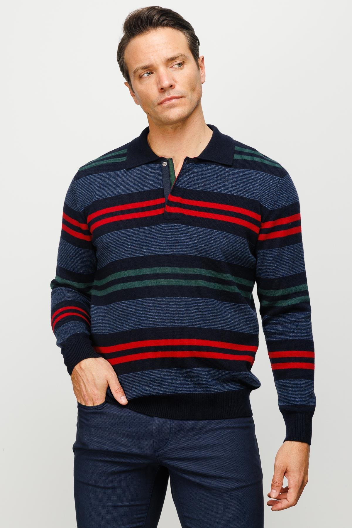 23502Erkek Polo Yaka Renkli Çizgili Kalın Yün Kazak K.Lacivert