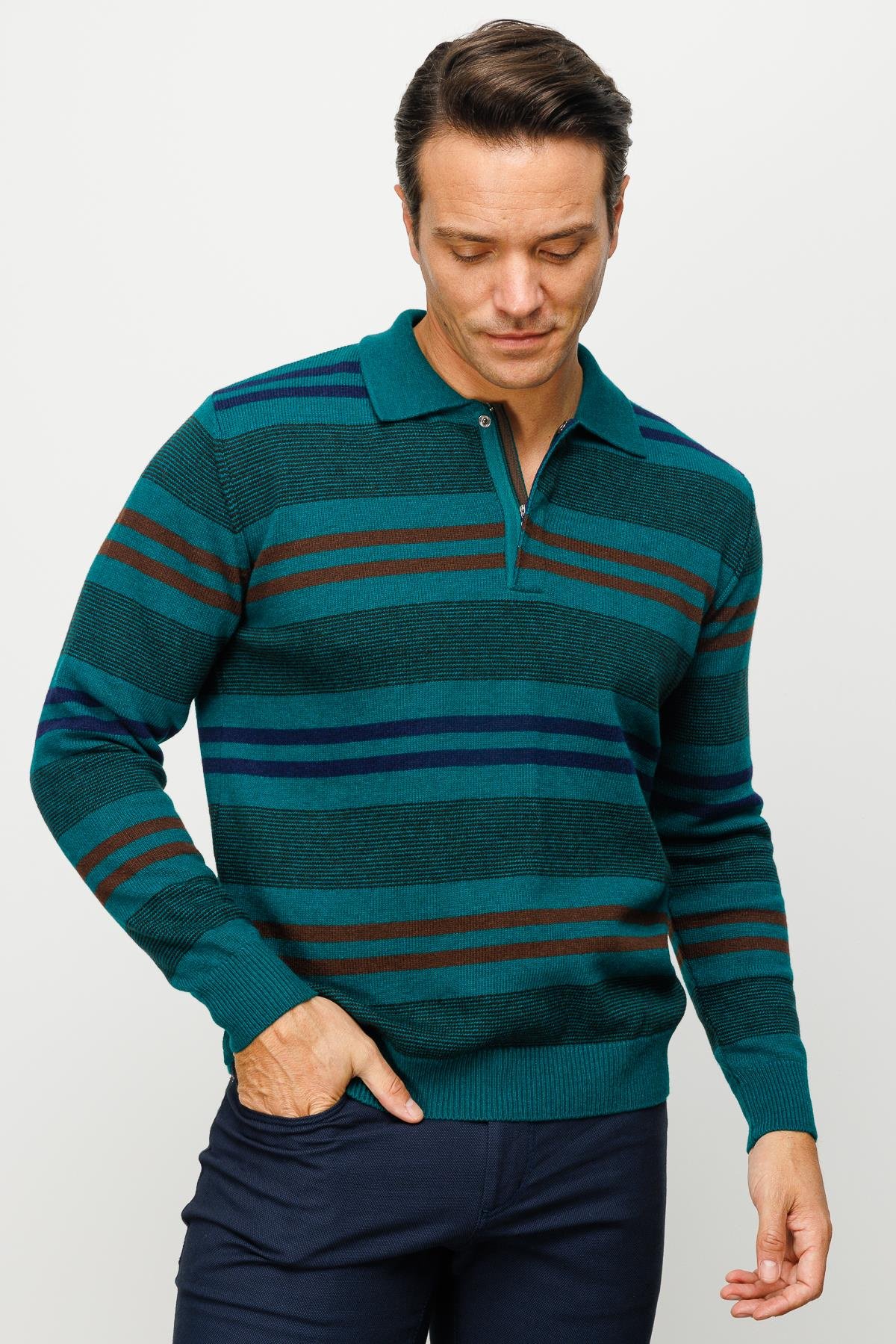 23502Erkek Polo Yaka Renkli Çizgili Kalın Yün Kazak K.Ö.başı