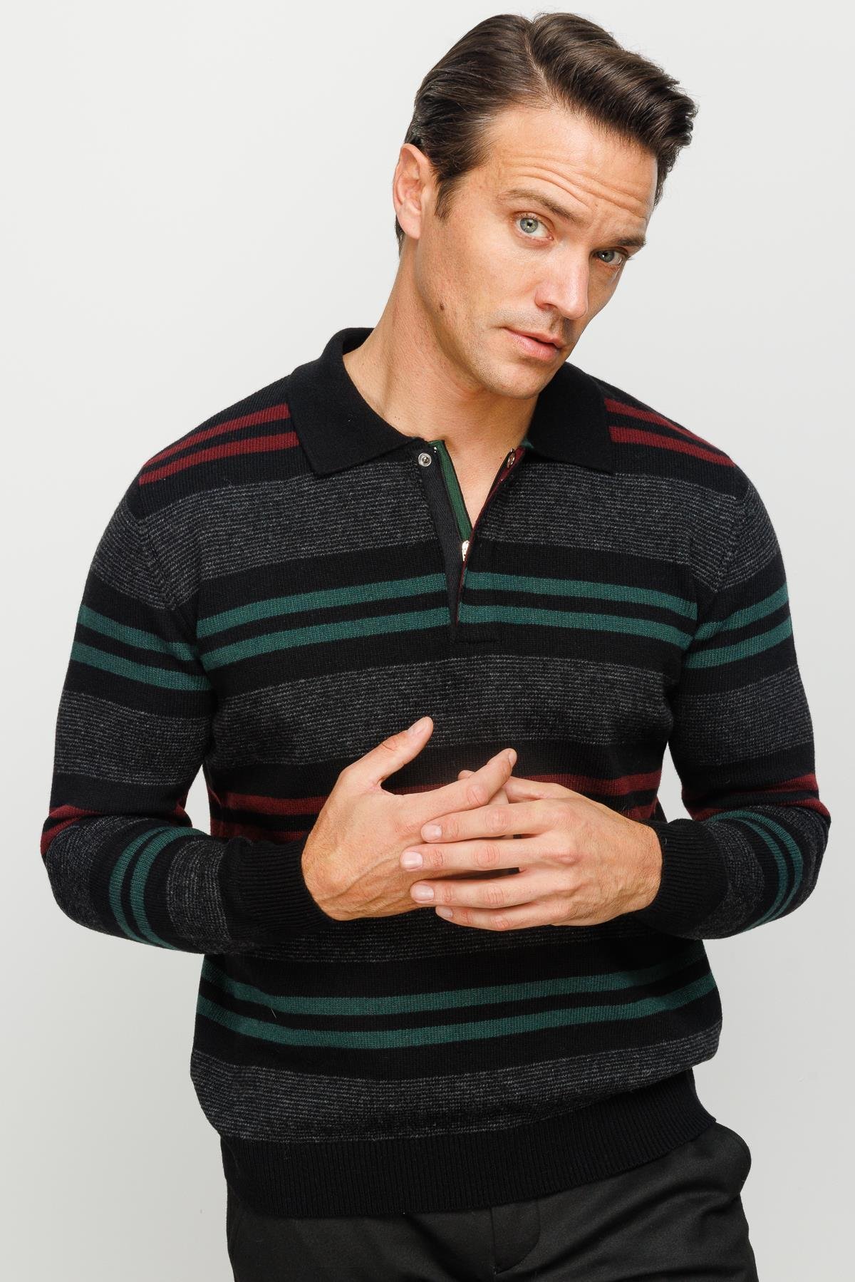 23502Erkek Polo Yaka Renkli Çizgili Kalın Yün Kazak Siyah