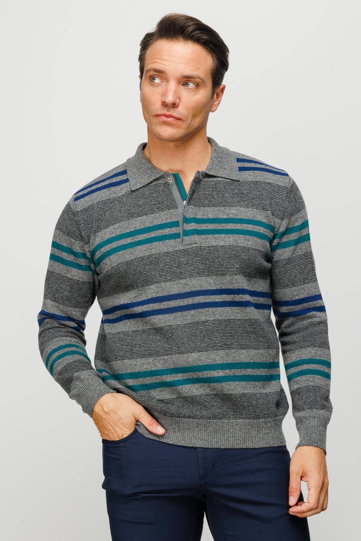 23502Erkek Polo Yaka Renkli Çizgili Kalın Yün Kazak Füme