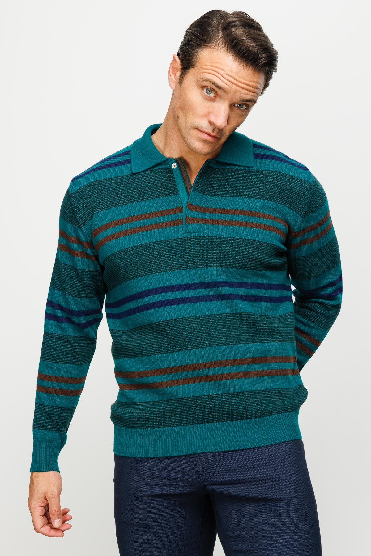 23502Erkek Polo Yaka Renkli Çizgili Kalın Yün Kazak K.Ö.başı