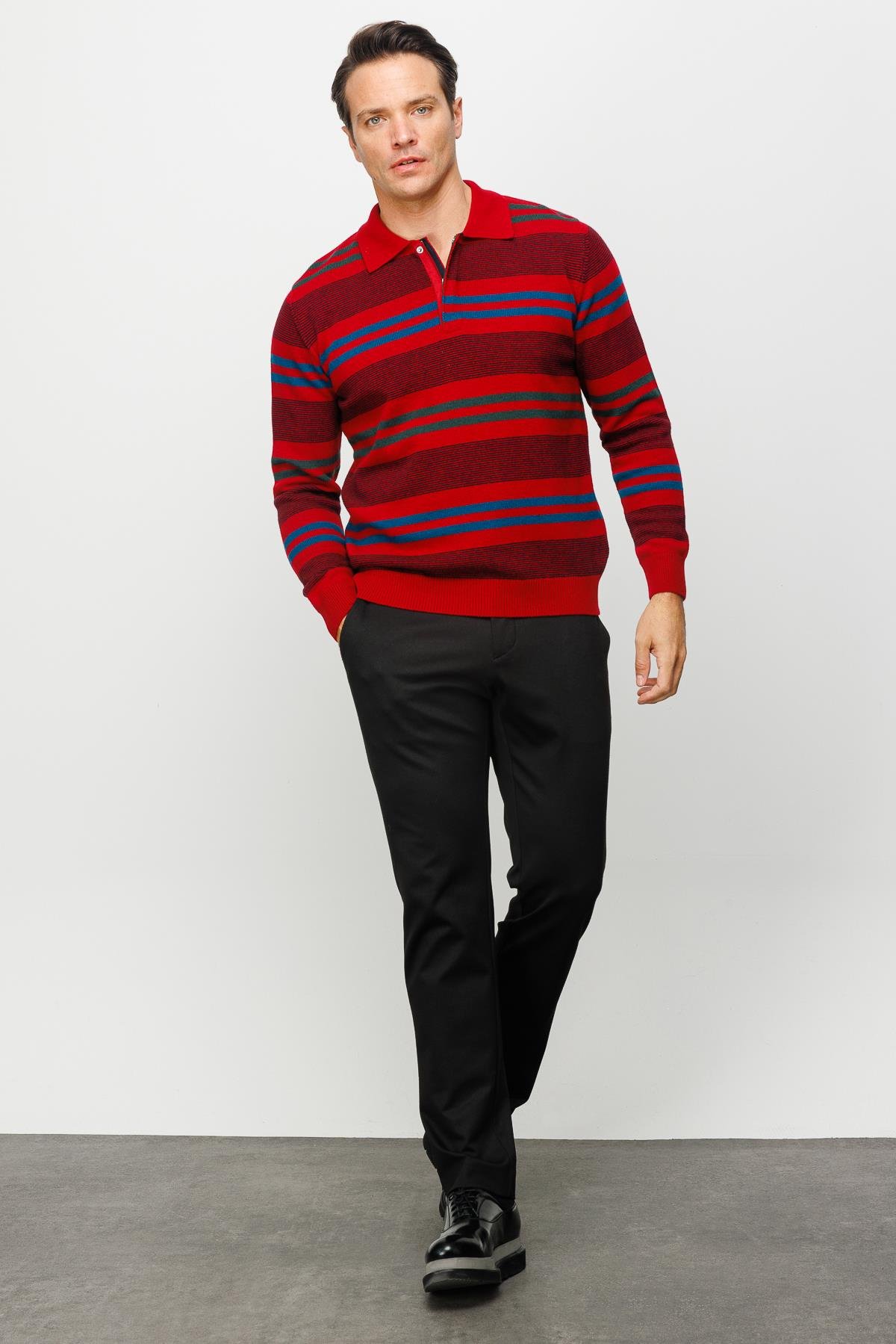 23502Erkek Polo Yaka Renkli Çizgili Kalın Yün Kazak K.Kırmızı