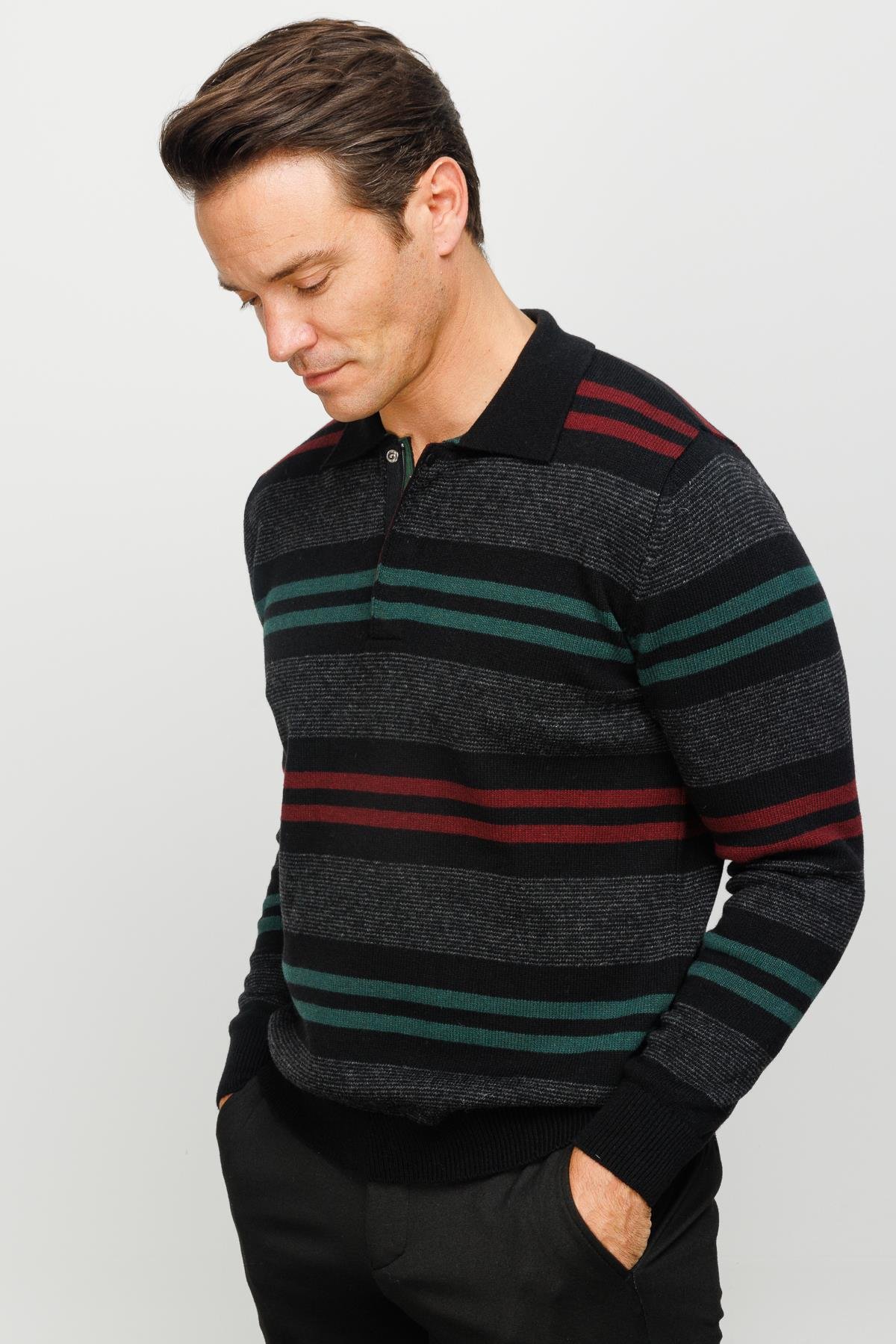 23502Erkek Polo Yaka Renkli Çizgili Kalın Yün Kazak Siyah