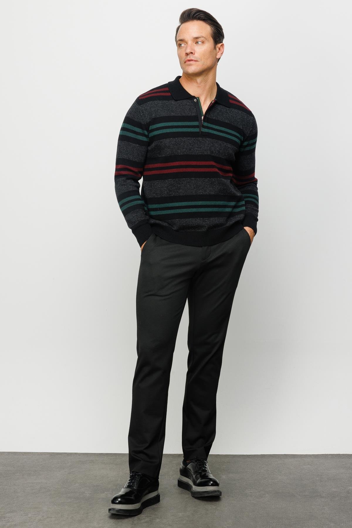 23502Erkek Polo Yaka Renkli Çizgili Kalın Yün Kazak Siyah