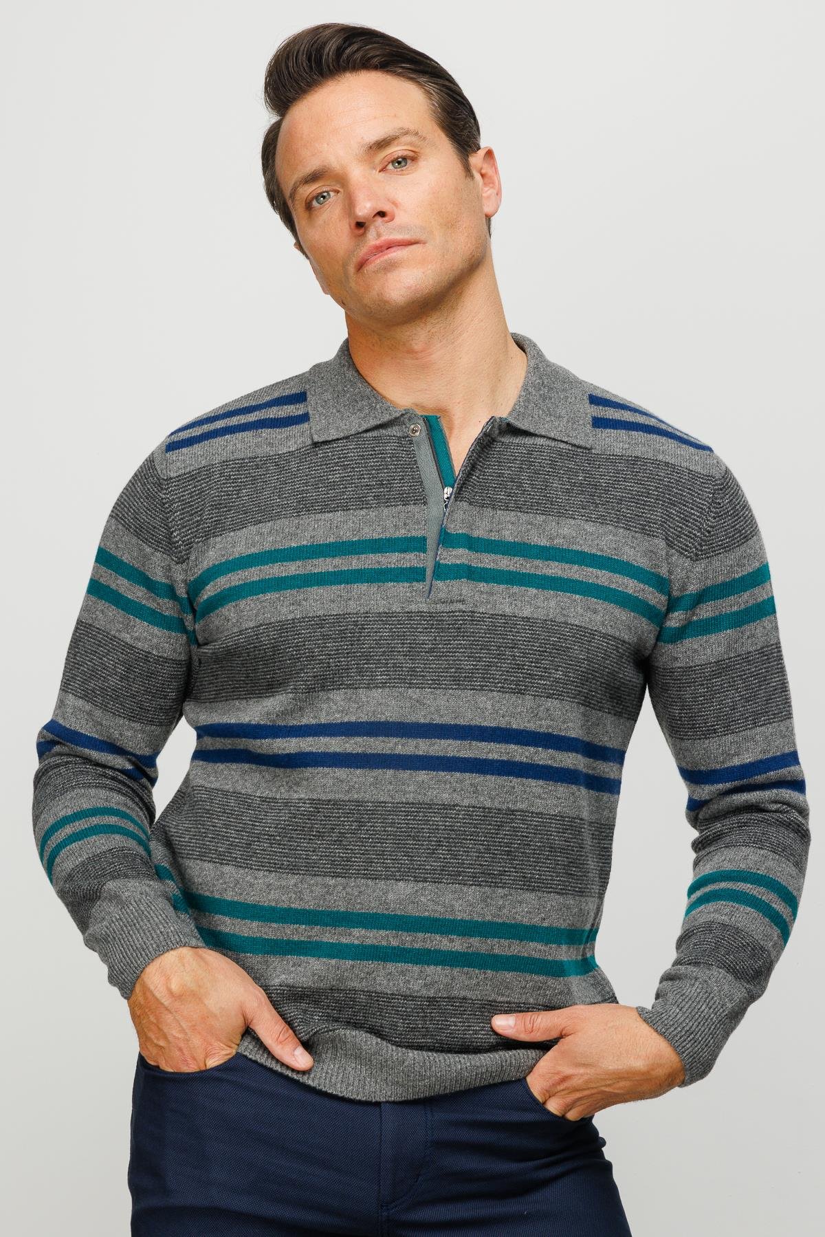 23502Erkek Polo Yaka Renkli Çizgili Kalın Yün Kazak Füme
