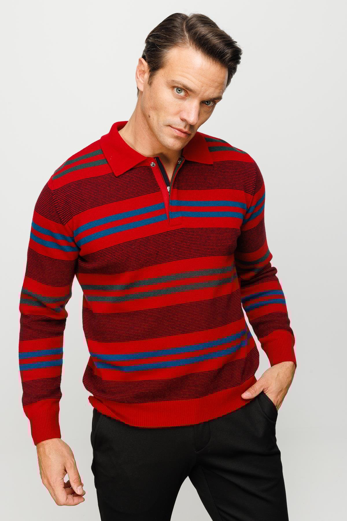 23502Erkek Polo Yaka Renkli Çizgili Kalın Yün Kazak K.Kırmızı