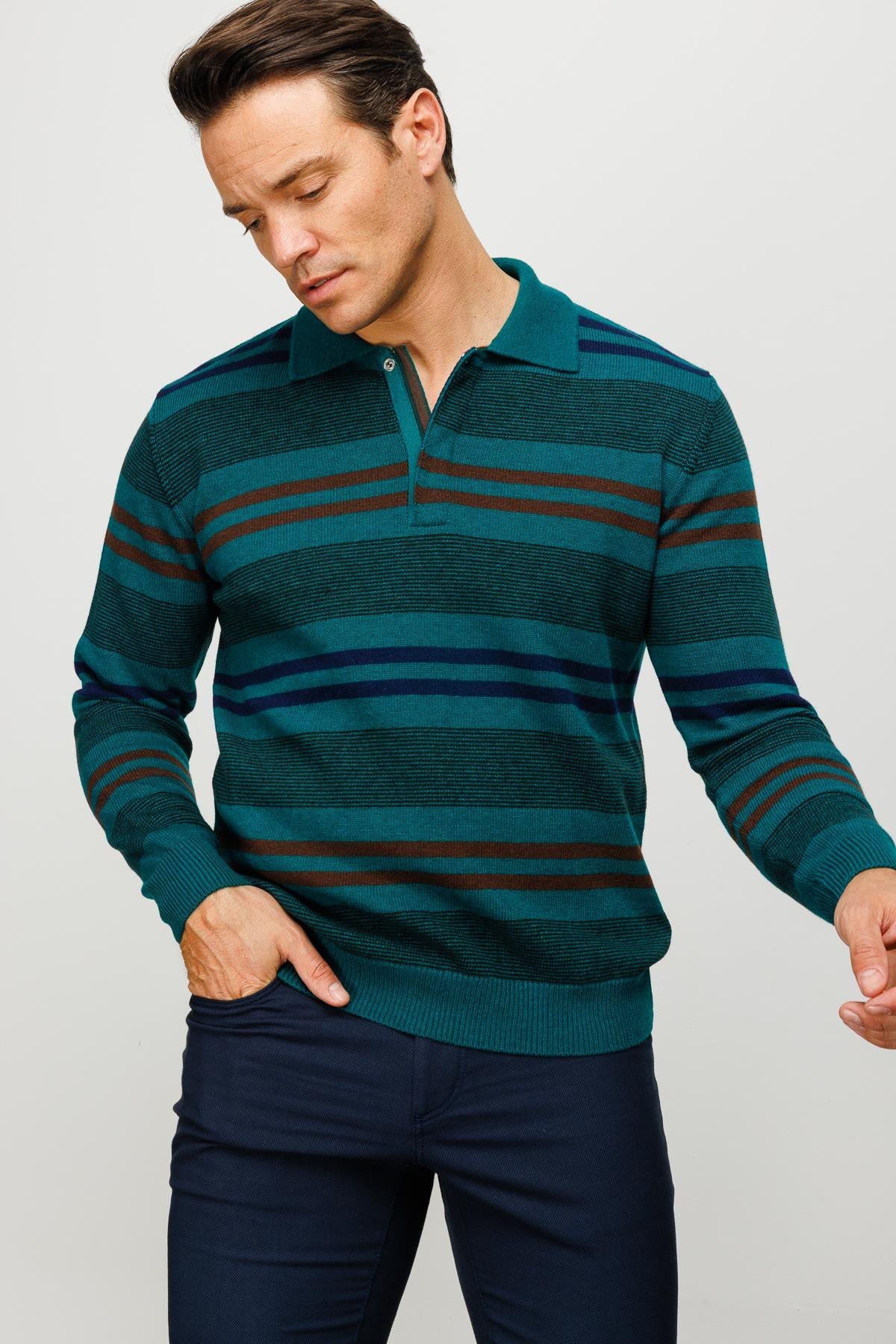 23502Erkek Polo Yaka Renkli Çizgili Kalın Yün Kazak K.Ö.başı