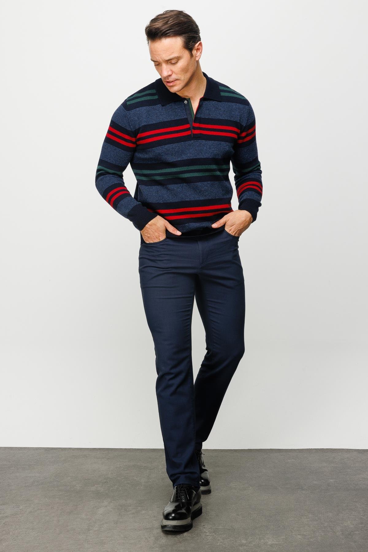 23502Erkek Polo Yaka Renkli Çizgili Kalın Yün Kazak K.Lacivert