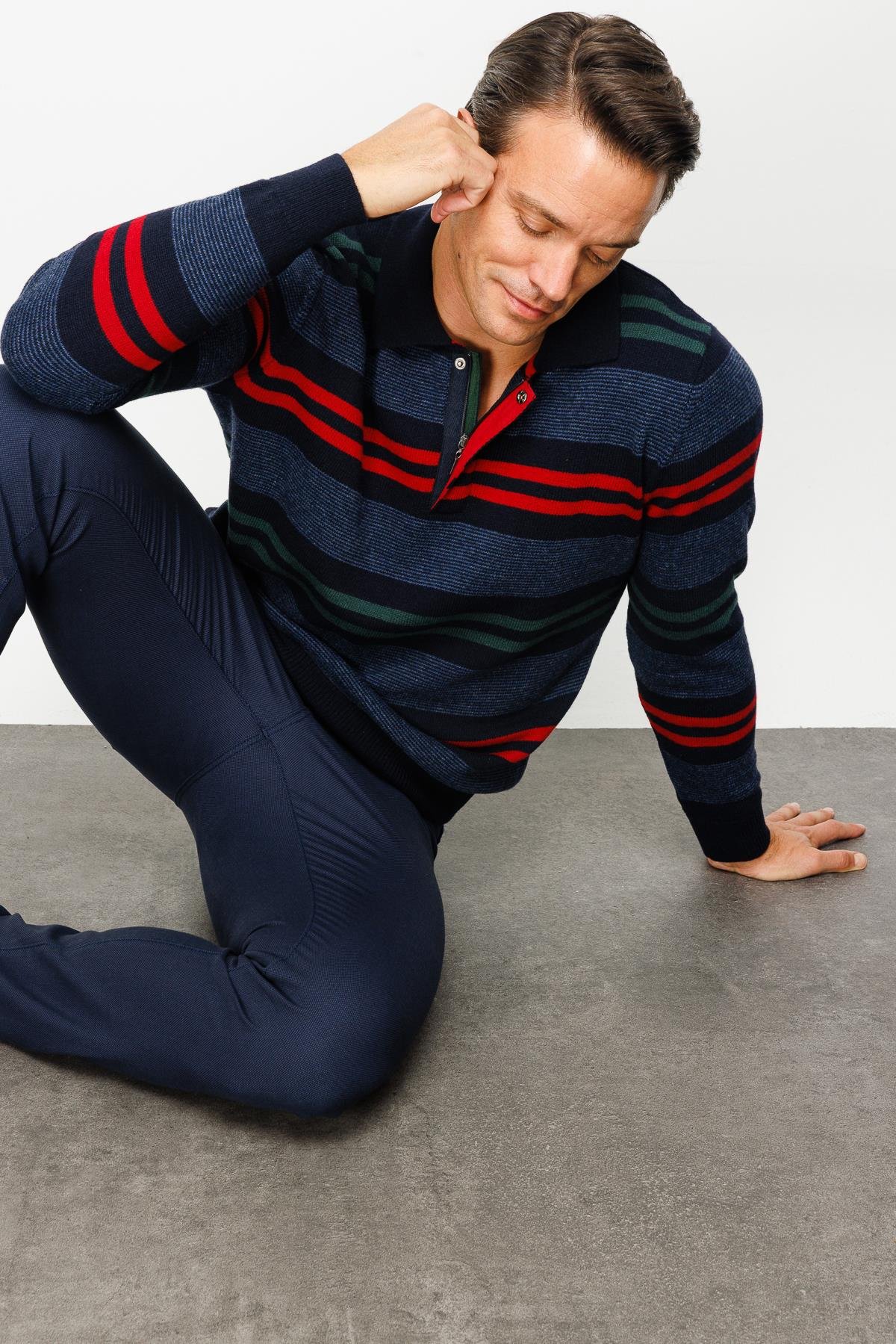 23502Erkek Polo Yaka Renkli Çizgili Kalın Yün Kazak K.Lacivert