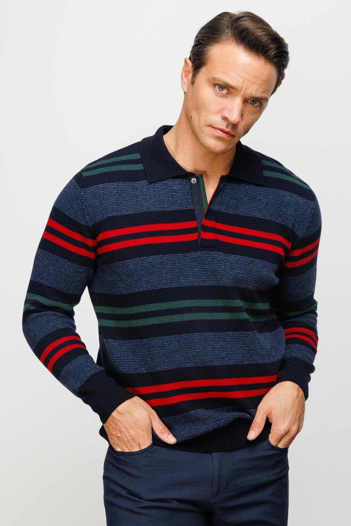 23502Erkek Polo Yaka Renkli Çizgili Kalın Yün Kazak K.Lacivert