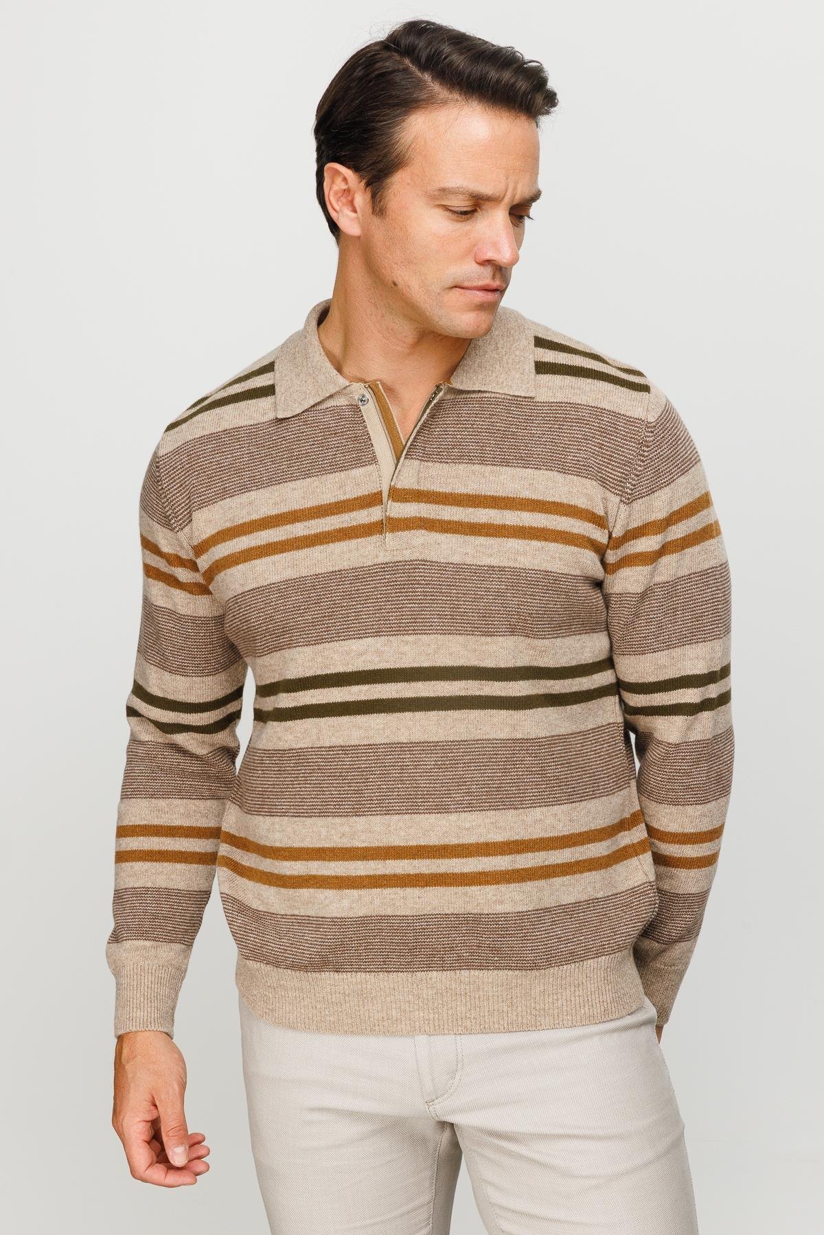 23502Erkek Polo Yaka Renkli Çizgili Kalın Yün Kazak K.Bej