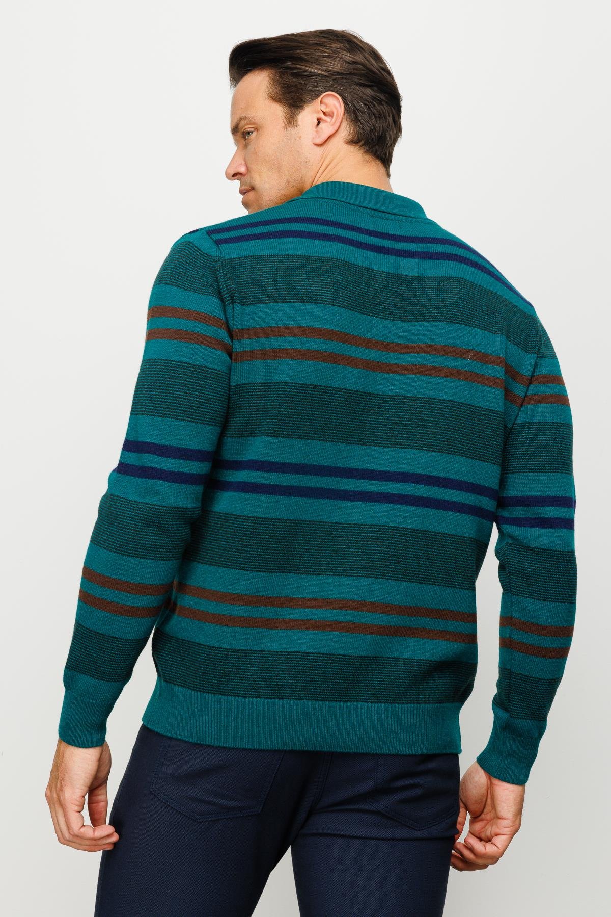 23502Erkek Polo Yaka Renkli Çizgili Kalın Yün Kazak K.Ö.başı