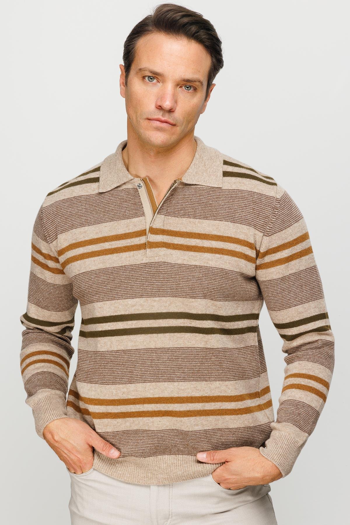 23502Erkek Polo Yaka Renkli Çizgili Kalın Yün Kazak K.Bej