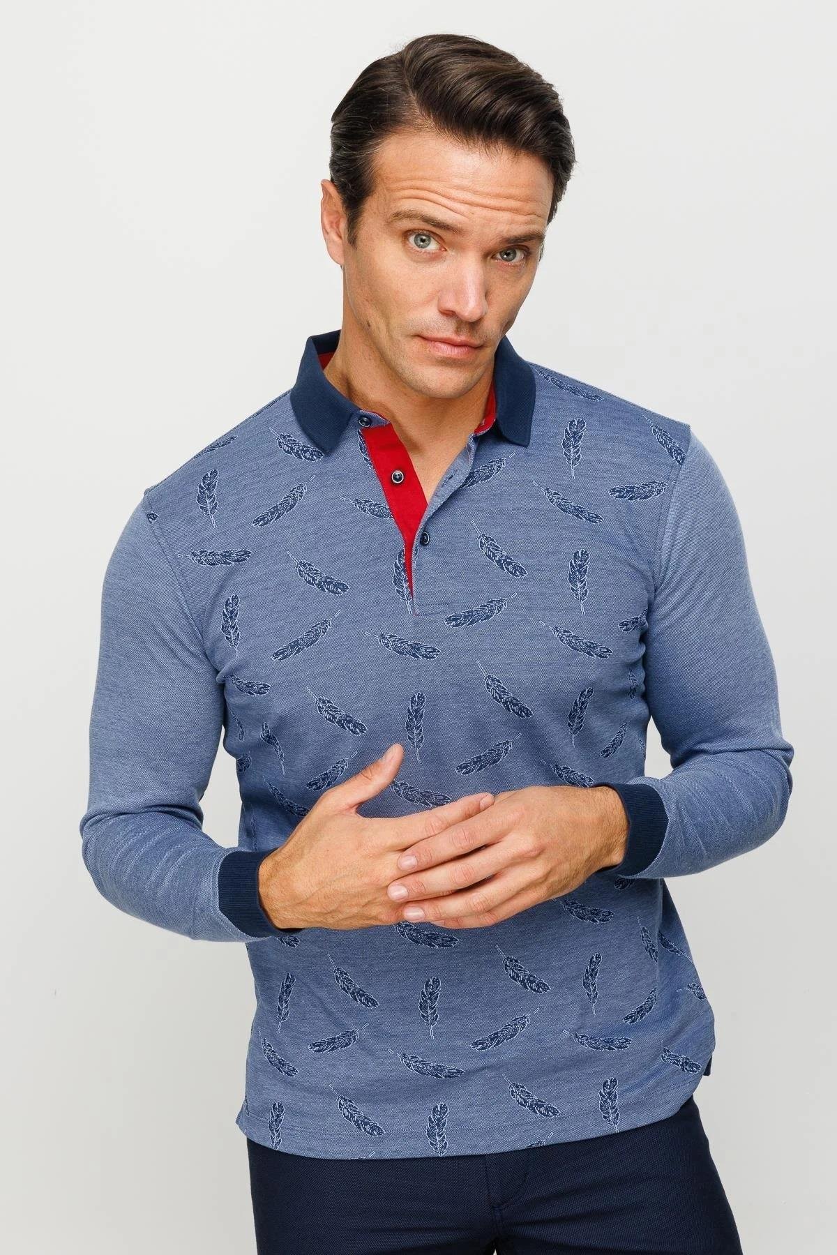 725Erkek Polo Yaka Tüy Desenli Sweatshirt Lacivert