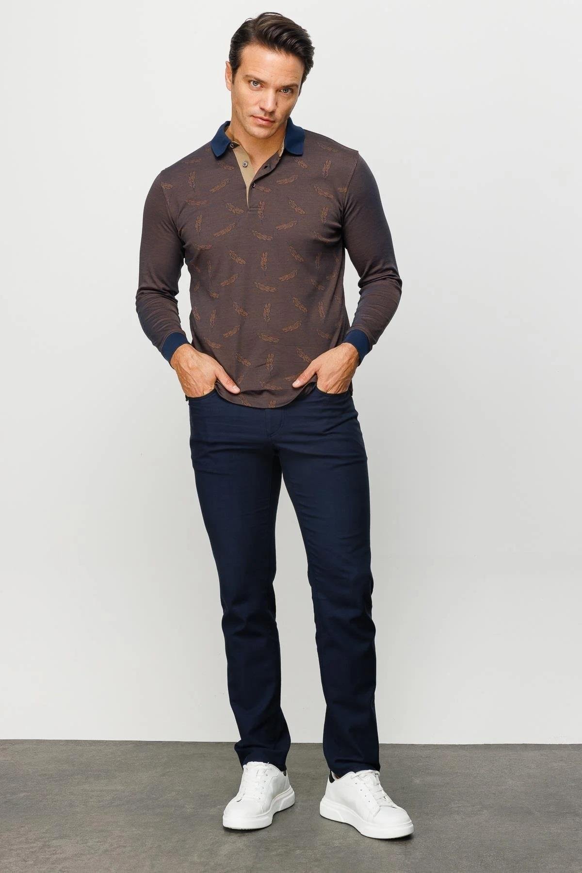 725Erkek Polo Yaka Tüy Desenli Sweatshirt Kahve