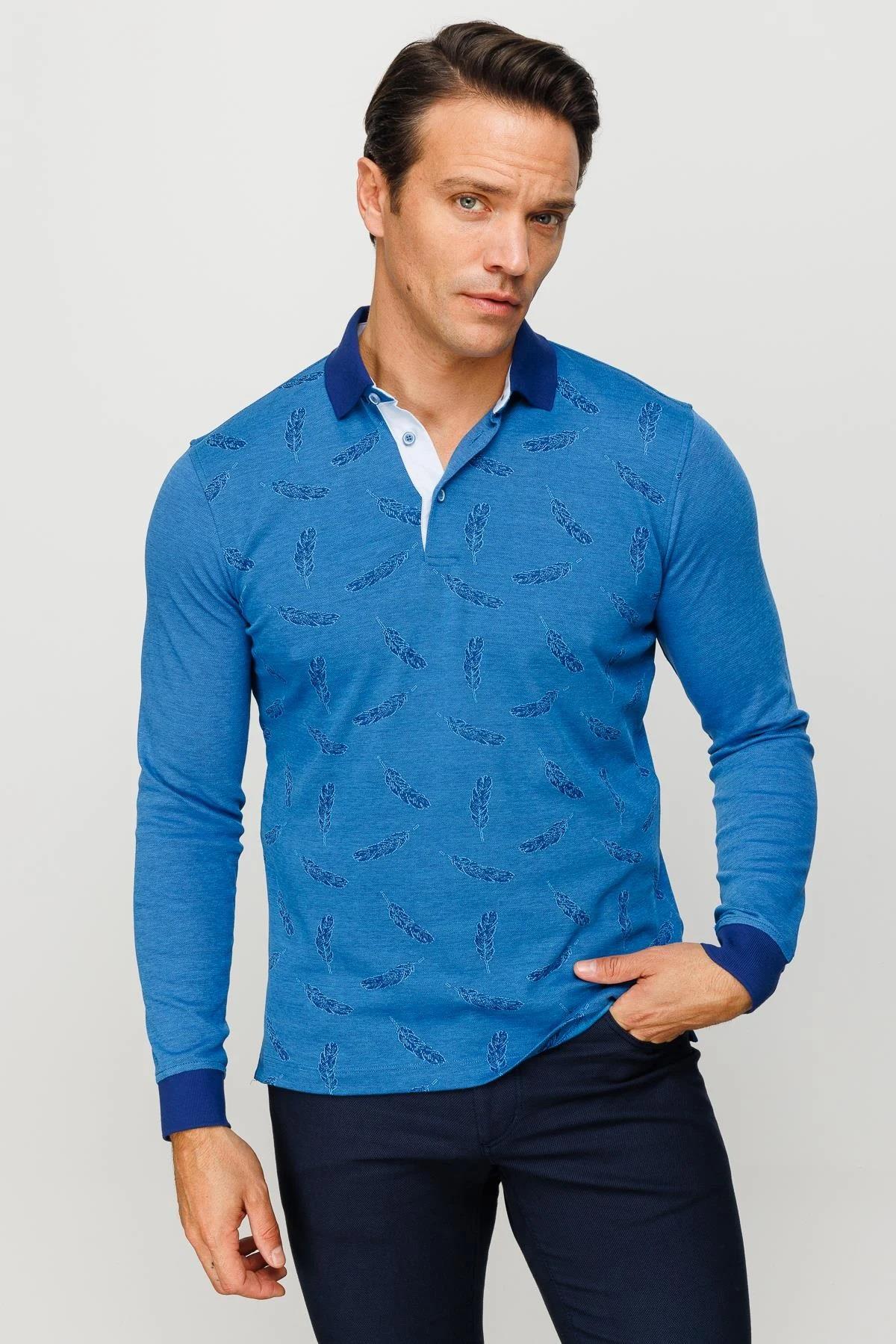 725Erkek Polo Yaka Tüy Desenli Sweatshirt Saks