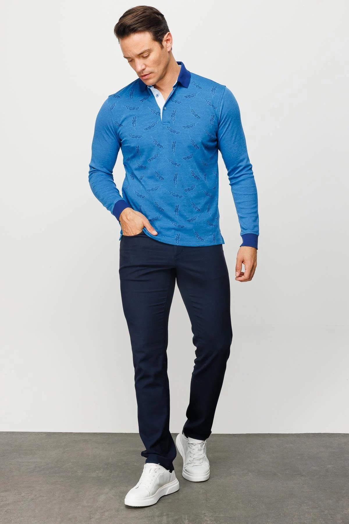 725Erkek Polo Yaka Tüy Desenli Sweatshirt Saks