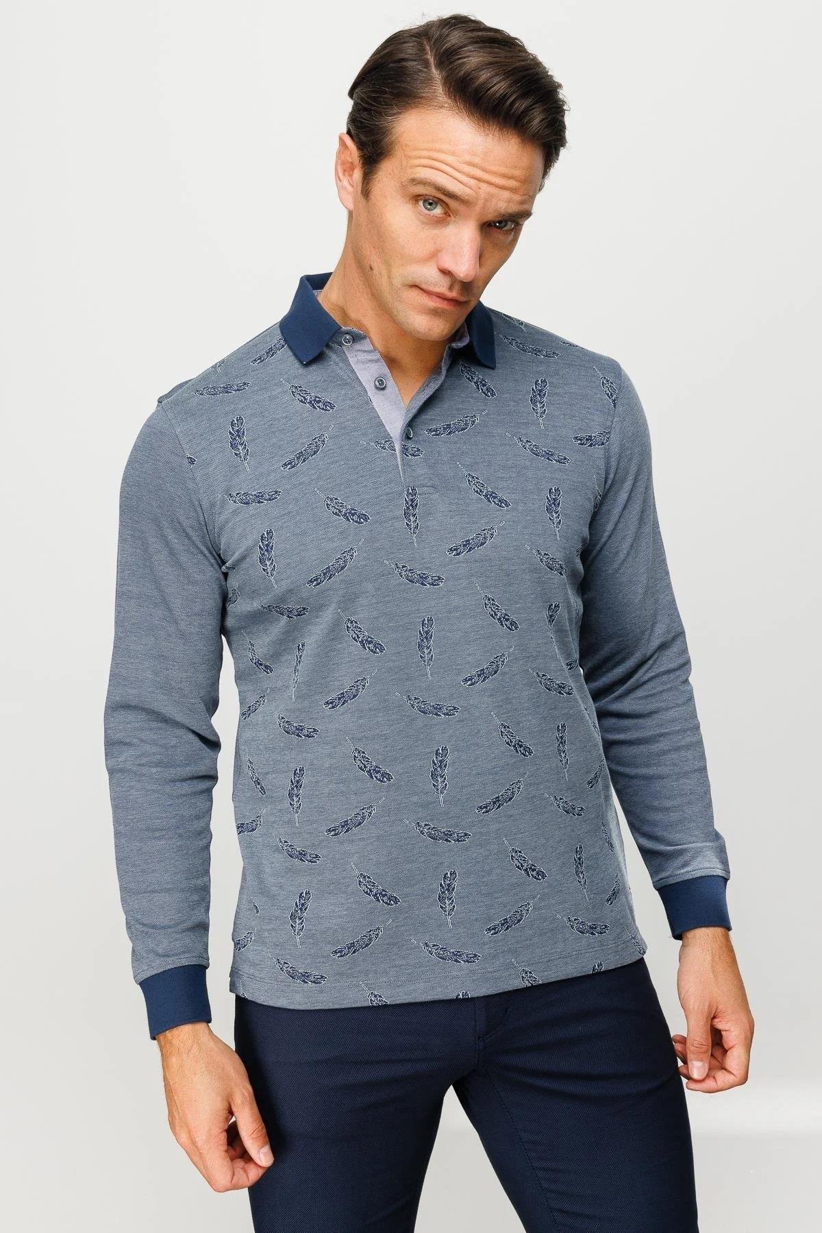 725Erkek Polo Yaka Tüy Desenli Sweatshirt Füme