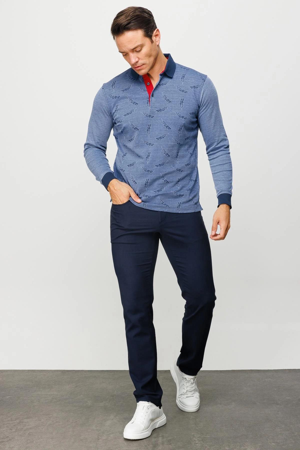 725Erkek Polo Yaka Tüy Desenli Sweatshirt Lacivert