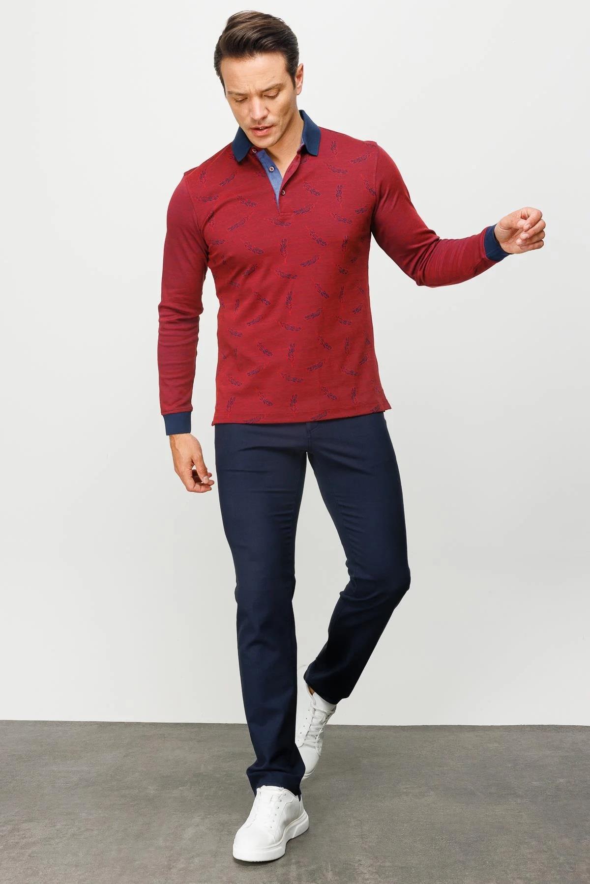 725Erkek Polo Yaka Tüy Desenli Sweatshirt Bordo