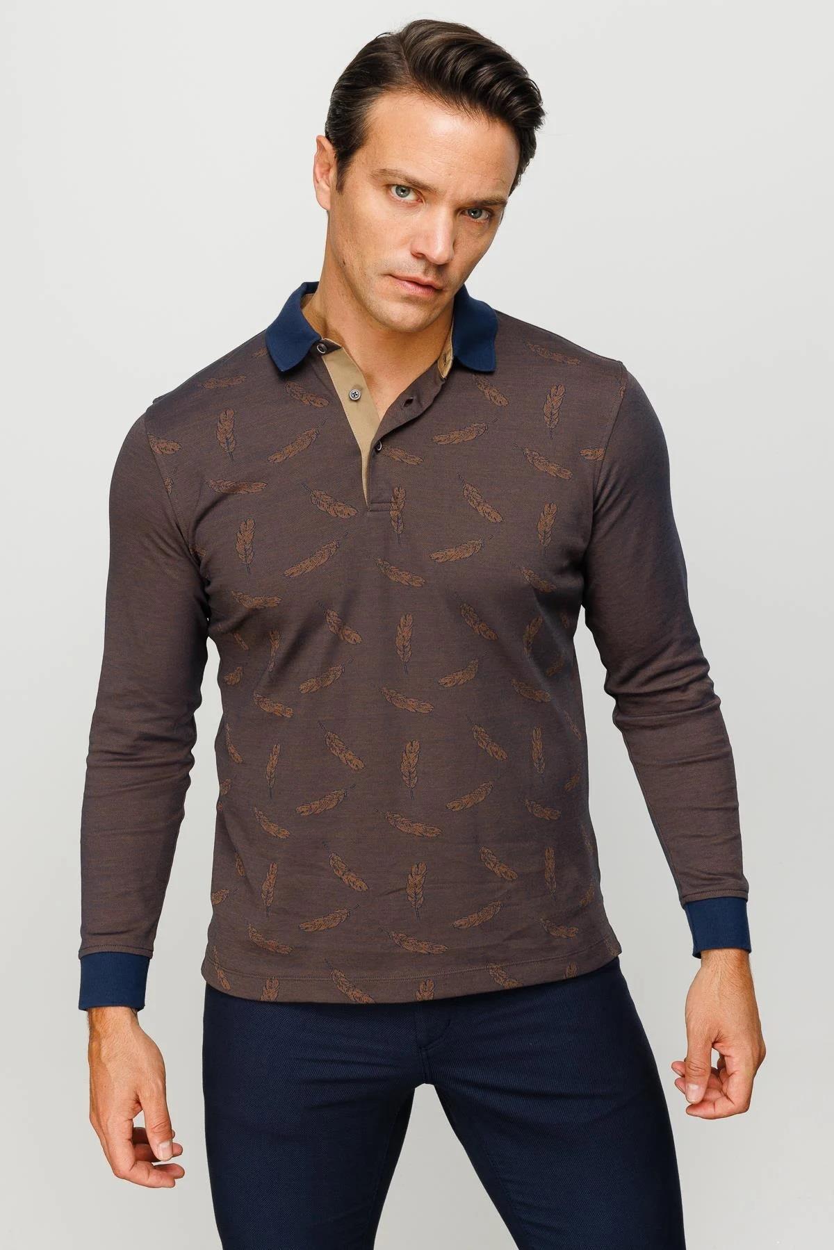725Erkek Polo Yaka Tüy Desenli Sweatshirt Kahve