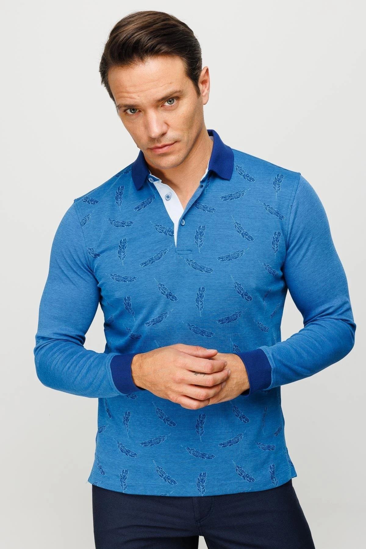 725Erkek Polo Yaka Tüy Desenli Sweatshirt Saks