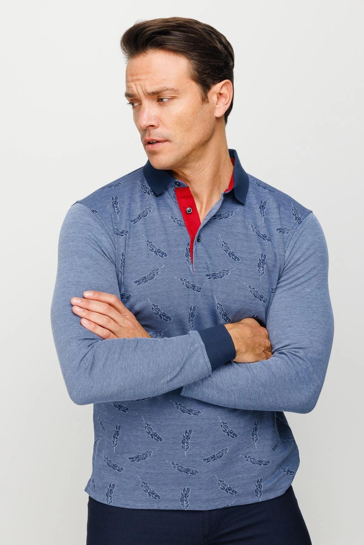 725Erkek Polo Yaka Tüy Desenli Sweatshirt Lacivert