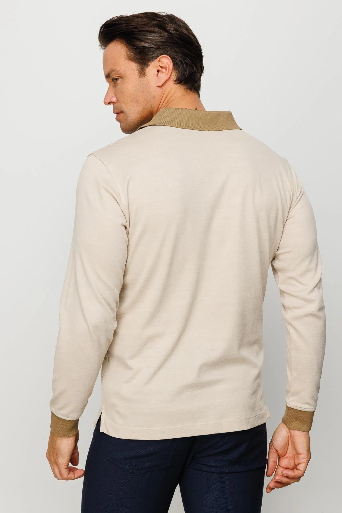 725Erkek Polo Yaka Tüy Desenli Sweatshirt Bej