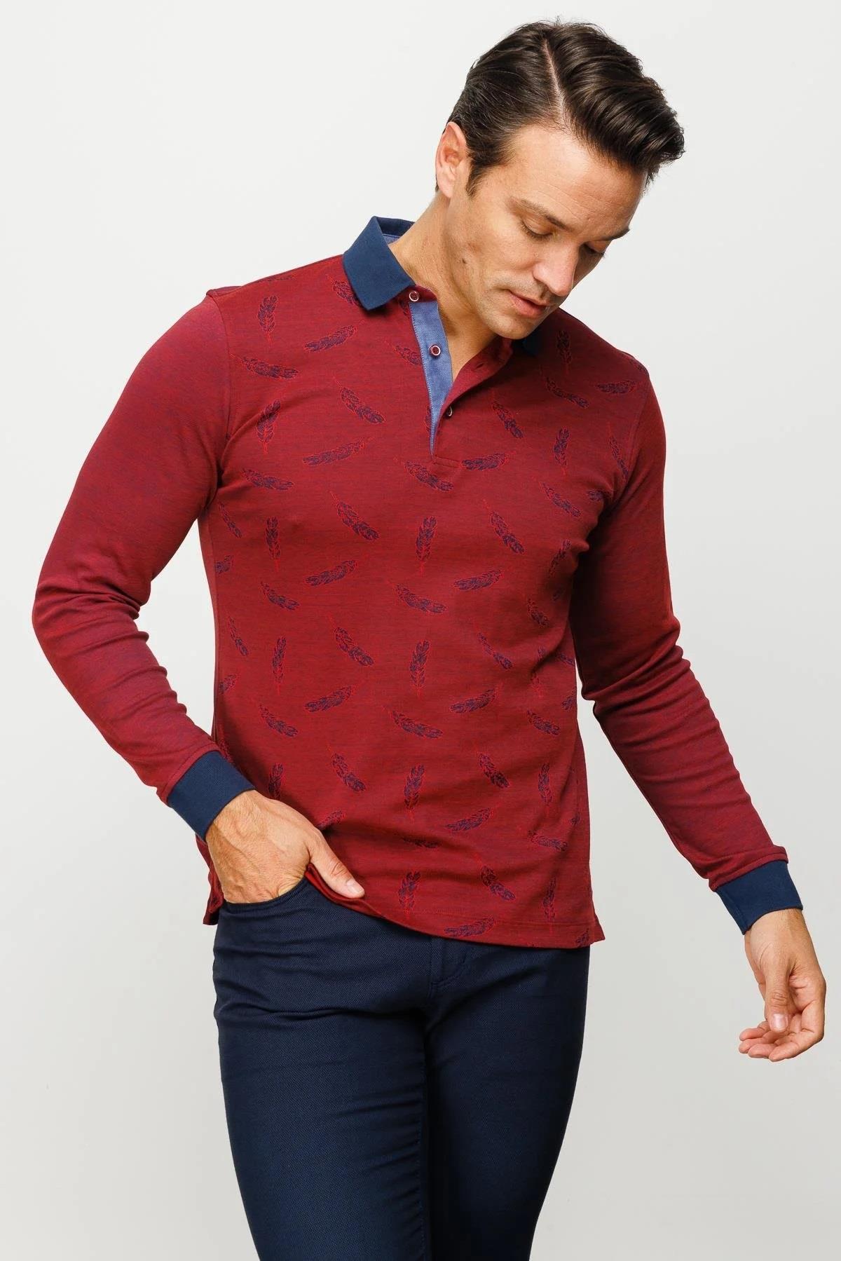 725Erkek Polo Yaka Tüy Desenli Sweatshirt Bordo