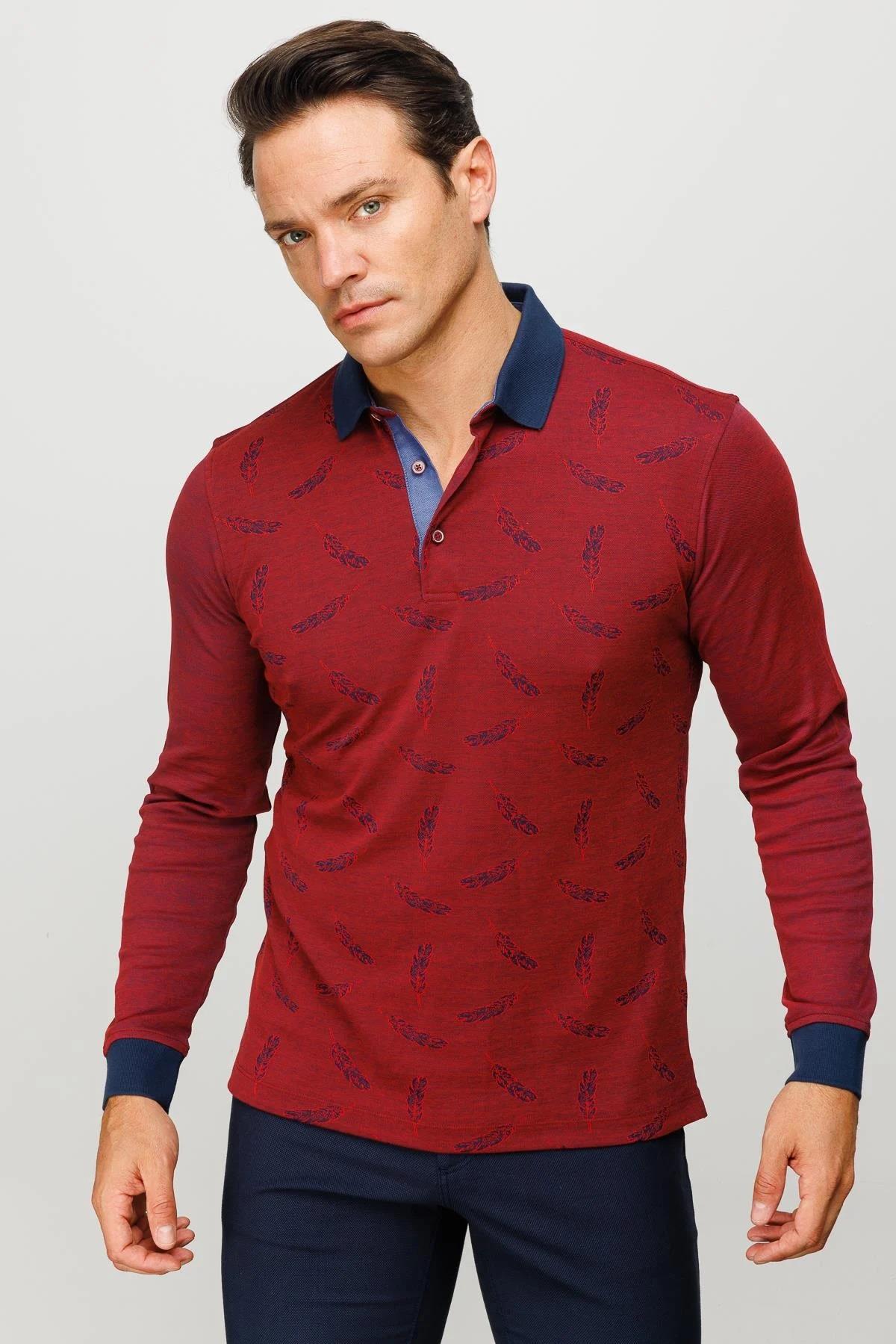 725Erkek Polo Yaka Tüy Desenli Sweatshirt Bordo
