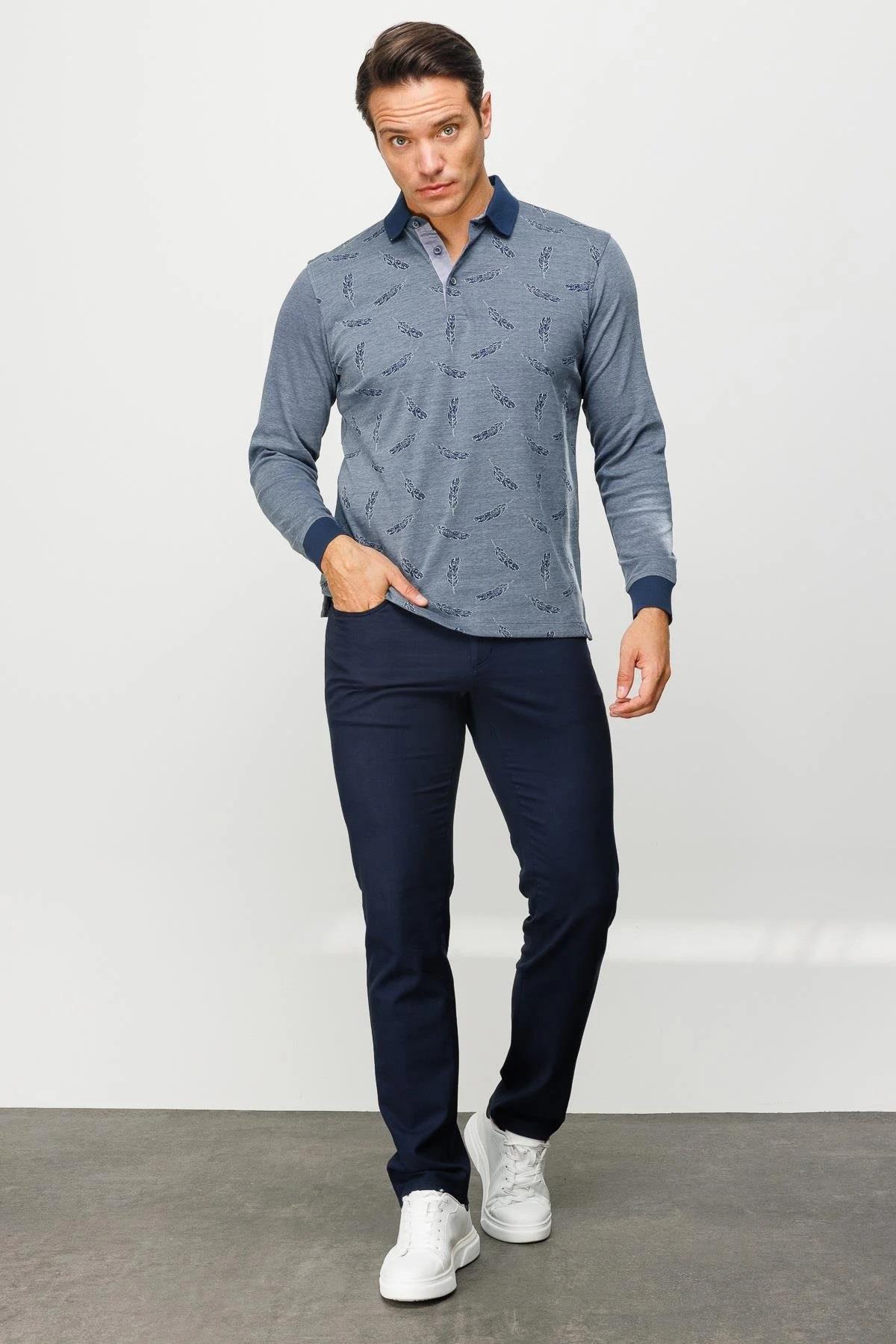 725Erkek Polo Yaka Tüy Desenli Sweatshirt Füme