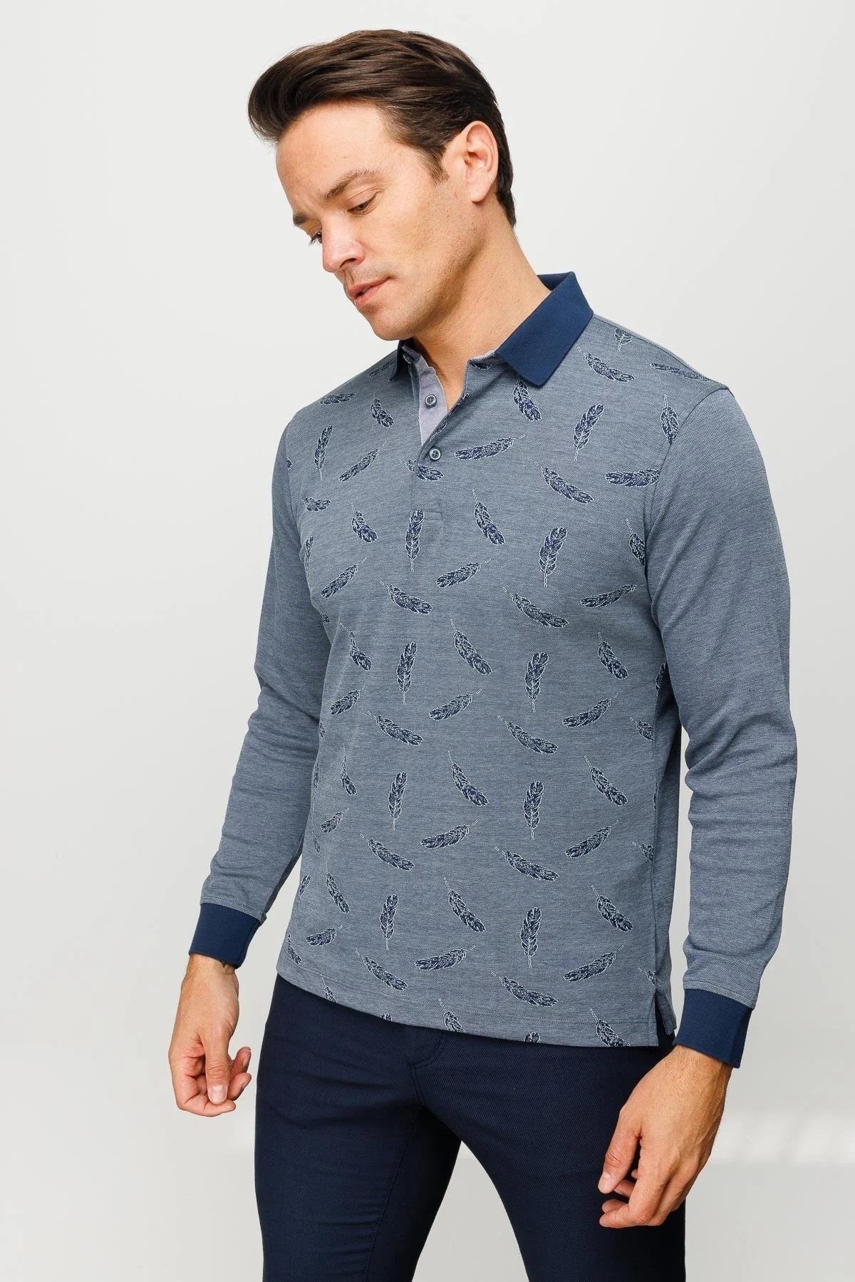 725Erkek Polo Yaka Tüy Desenli Sweatshirt Füme