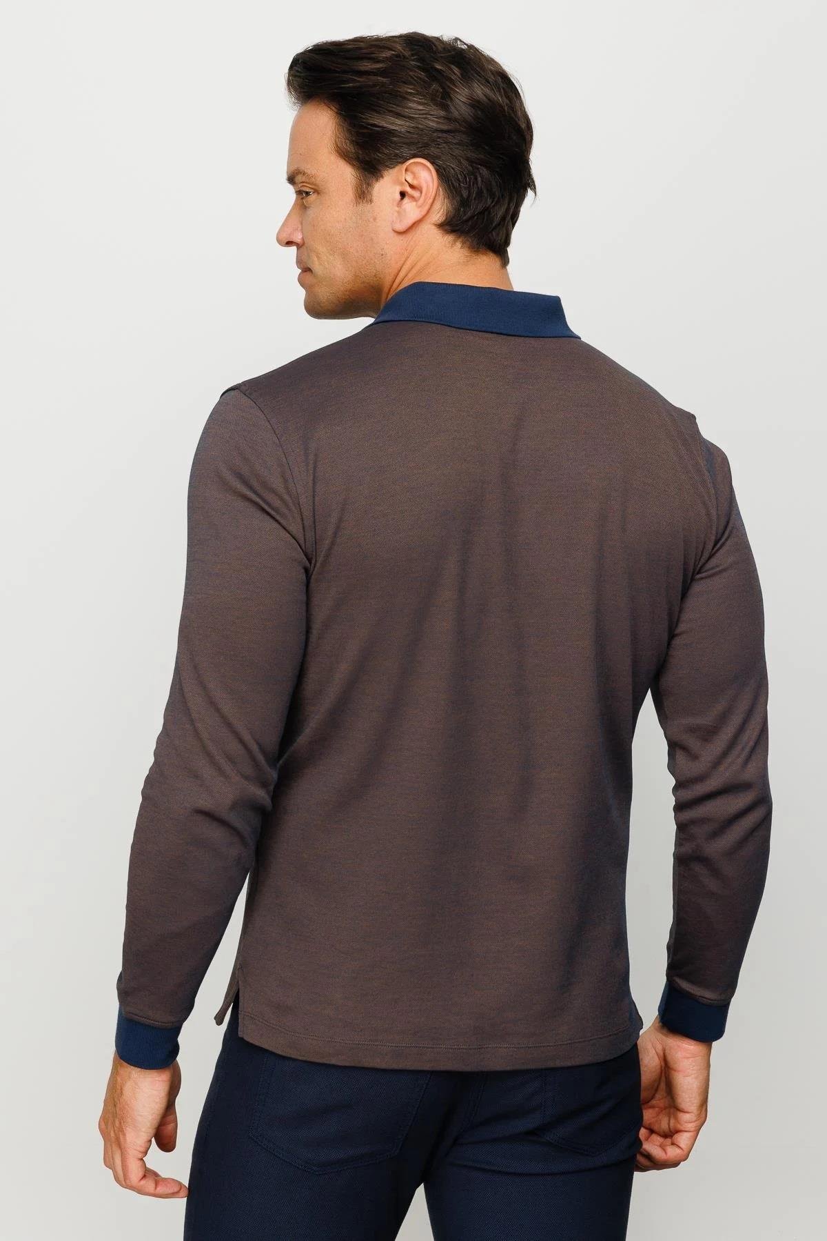 725Erkek Polo Yaka Tüy Desenli Sweatshirt Kahve