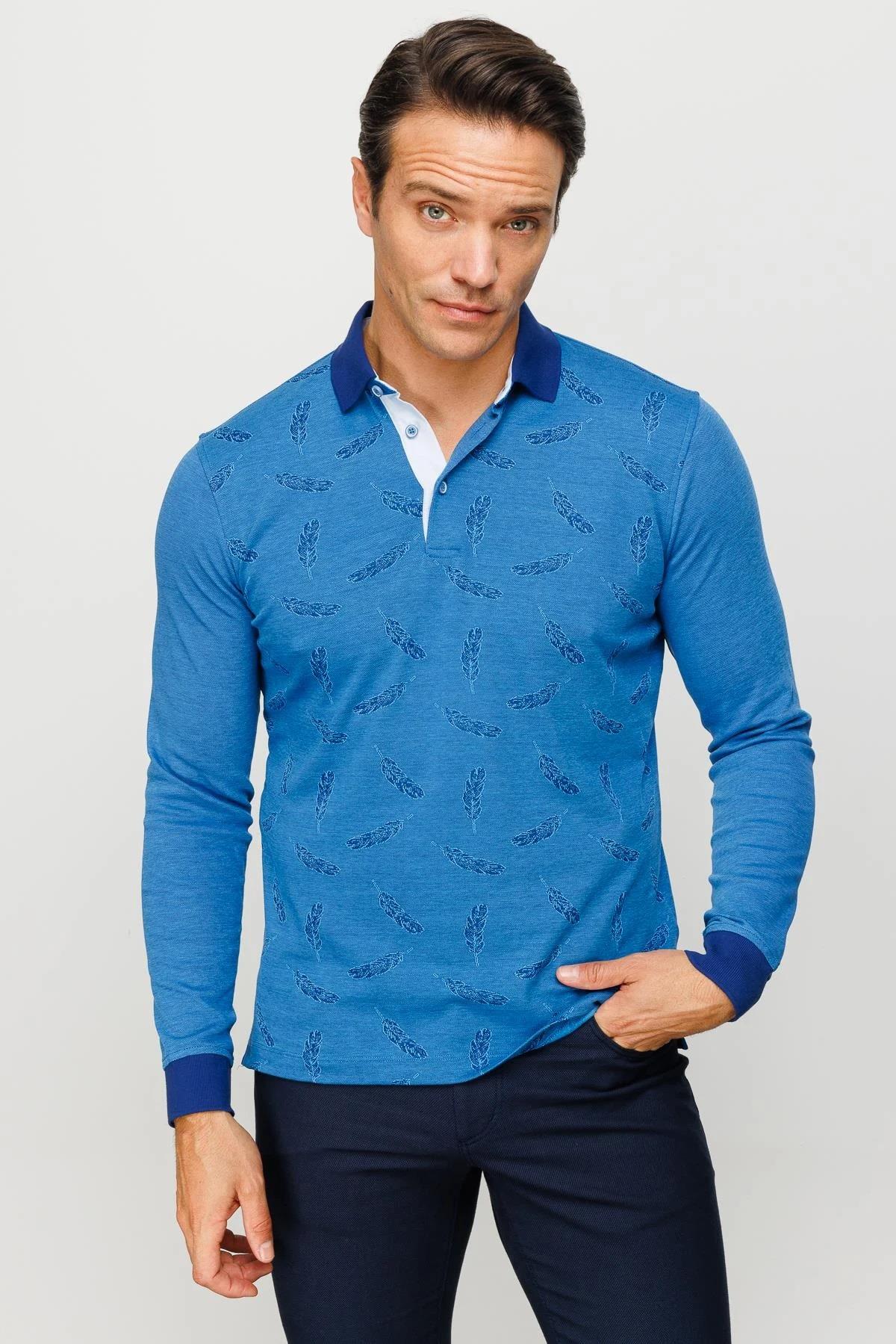 725Erkek Polo Yaka Tüy Desenli Sweatshirt Saks