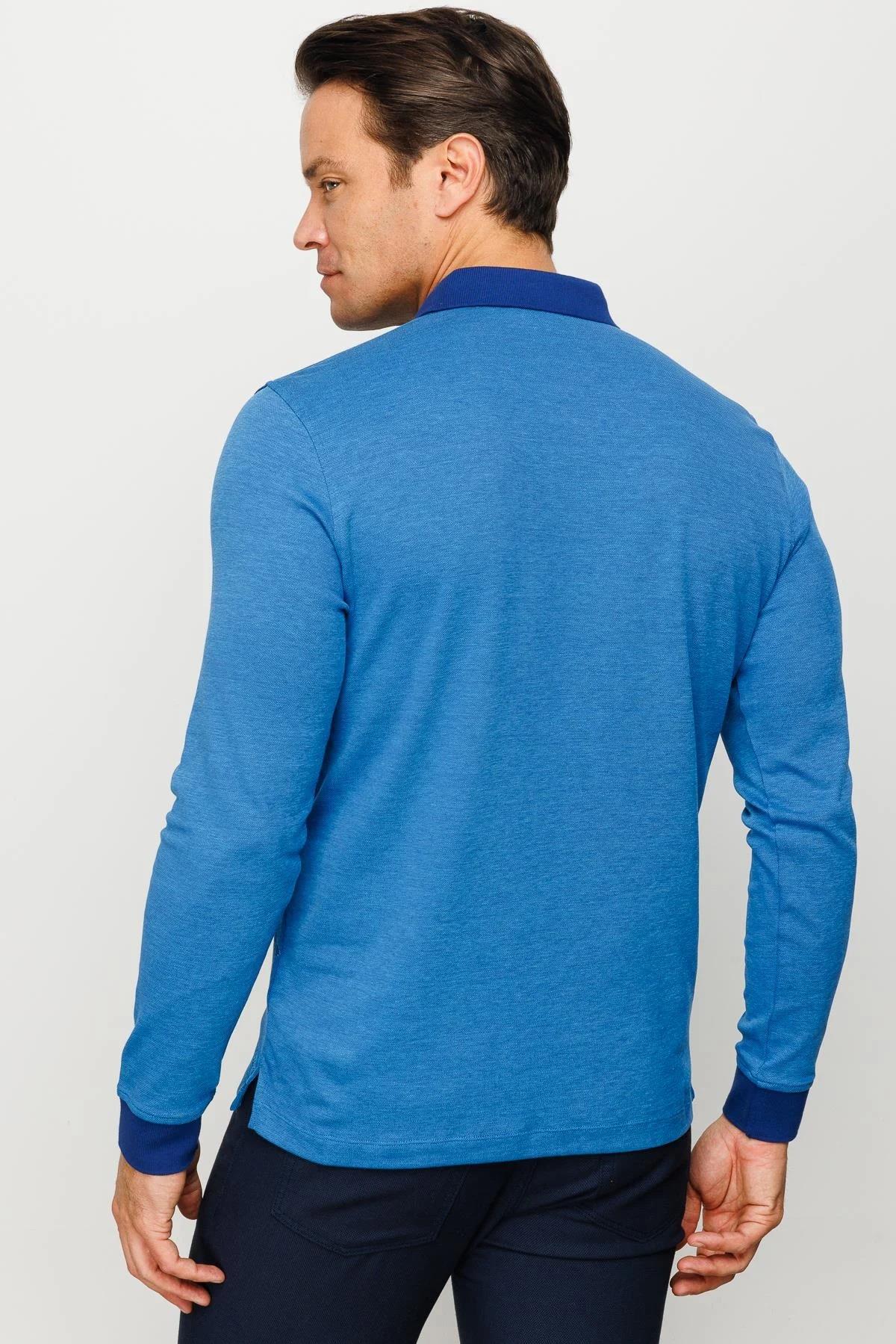 725Erkek Polo Yaka Tüy Desenli Sweatshirt Saks