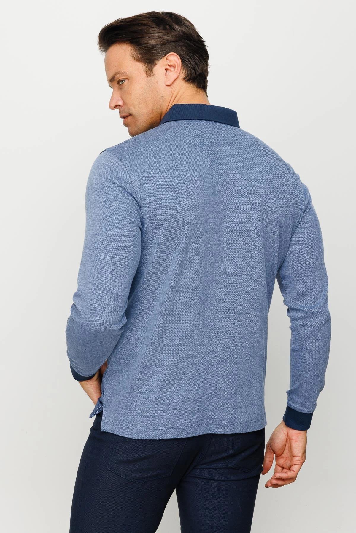 725Erkek Polo Yaka Tüy Desenli Sweatshirt Lacivert