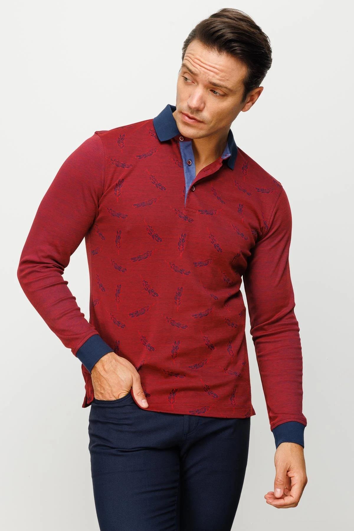 725Erkek Polo Yaka Tüy Desenli Sweatshirt Bordo