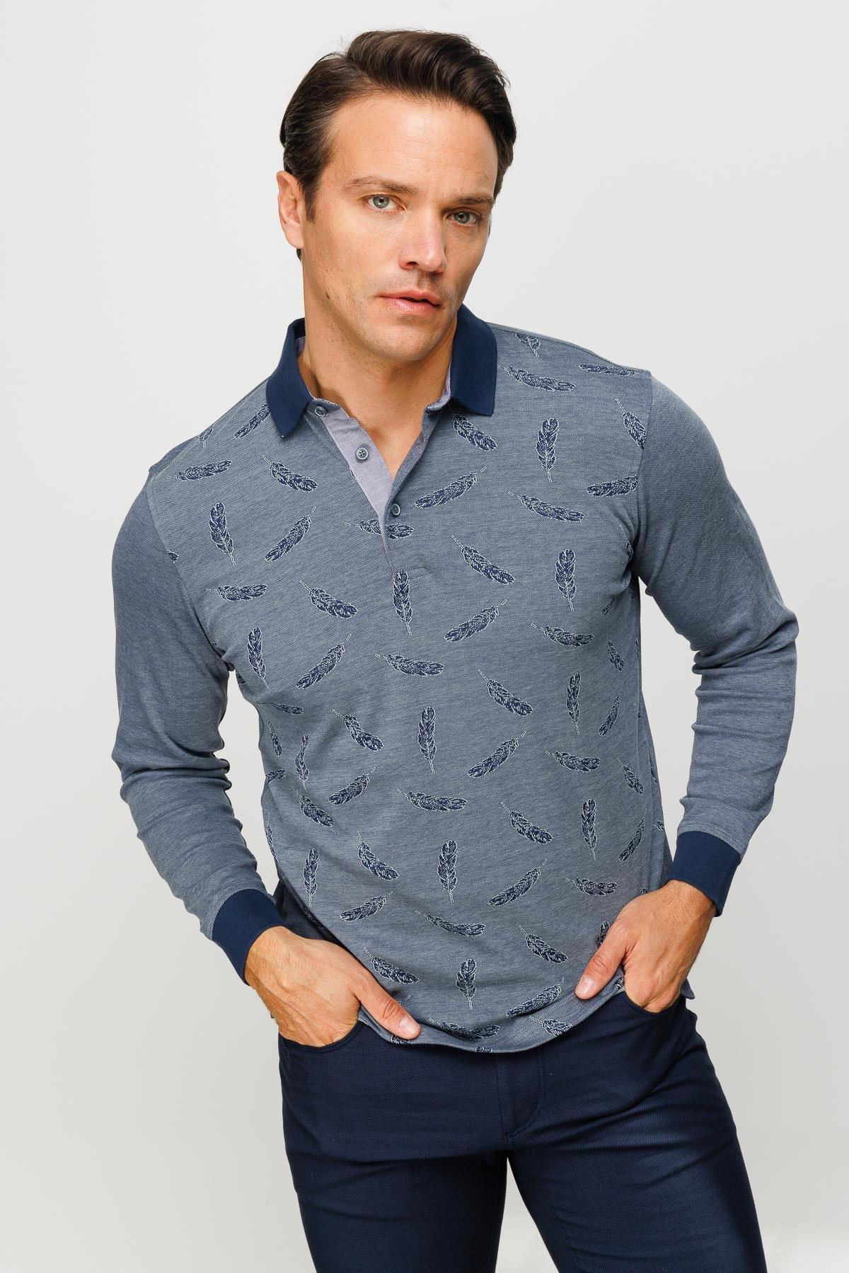 725Erkek Polo Yaka Tüy Desenli Sweatshirt Füme