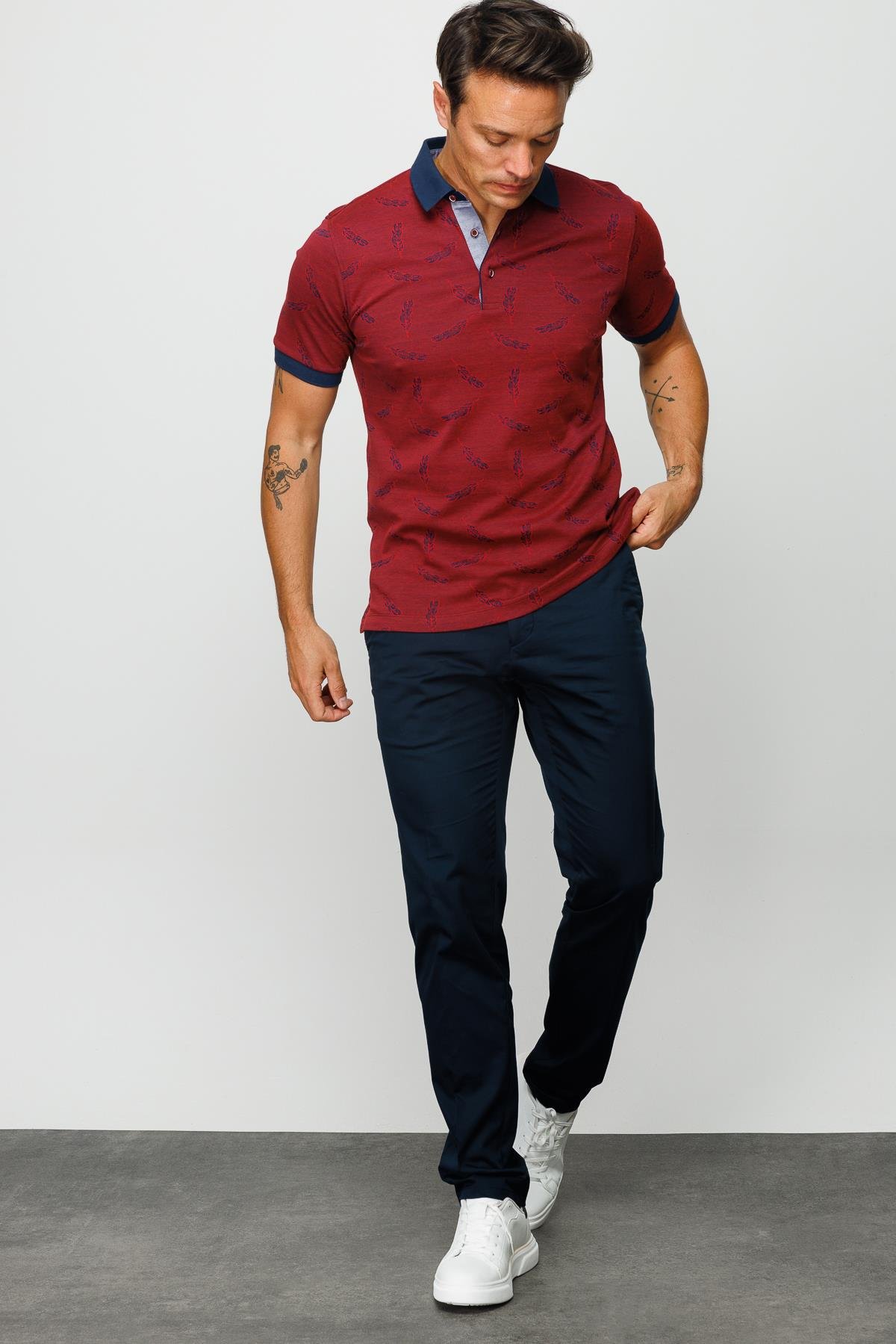 825Erkek Polo Yaka Tüy Desenli T-shirt Bordo