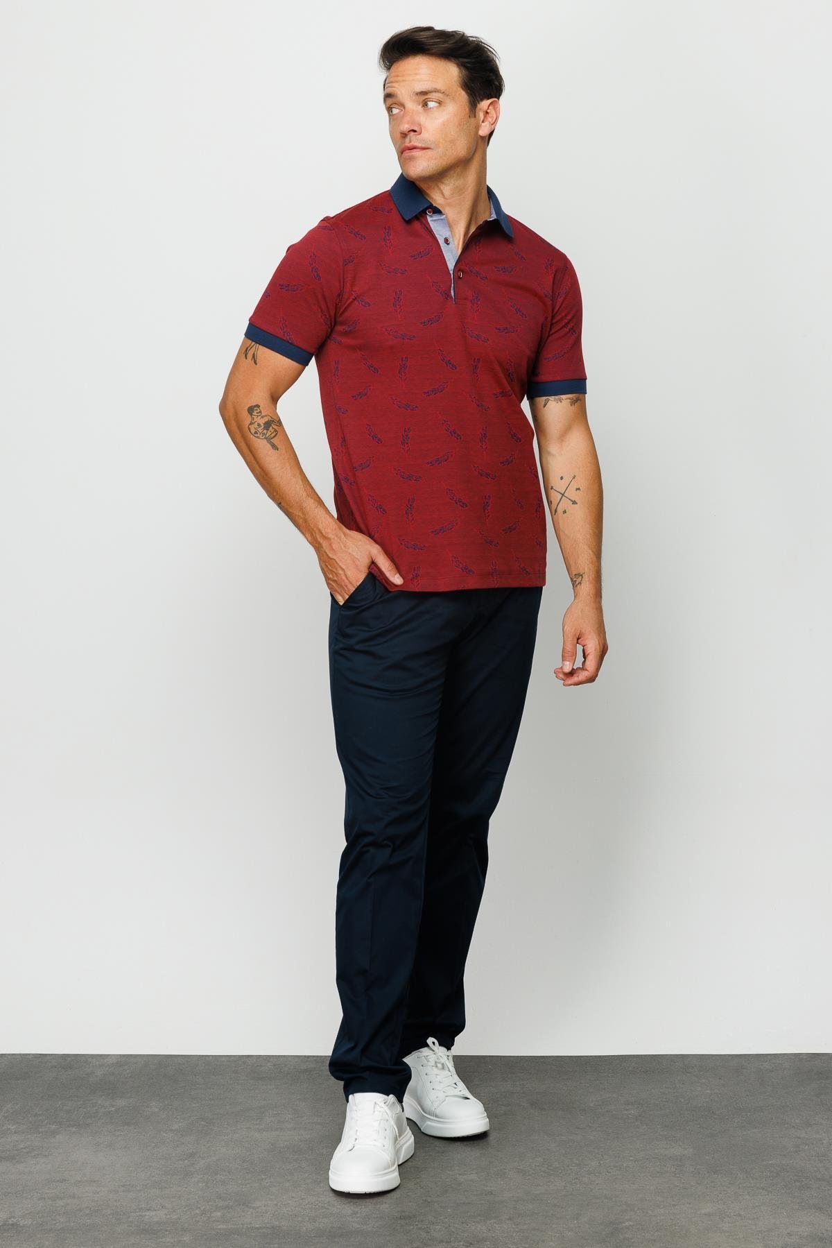 825Erkek Polo Yaka Tüy Desenli T-shirt Bordo