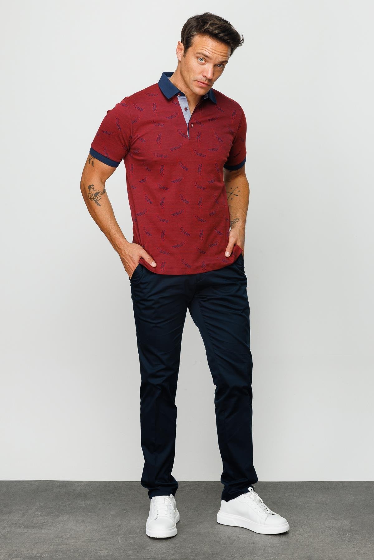 825Erkek Polo Yaka Tüy Desenli T-shirt Bordo